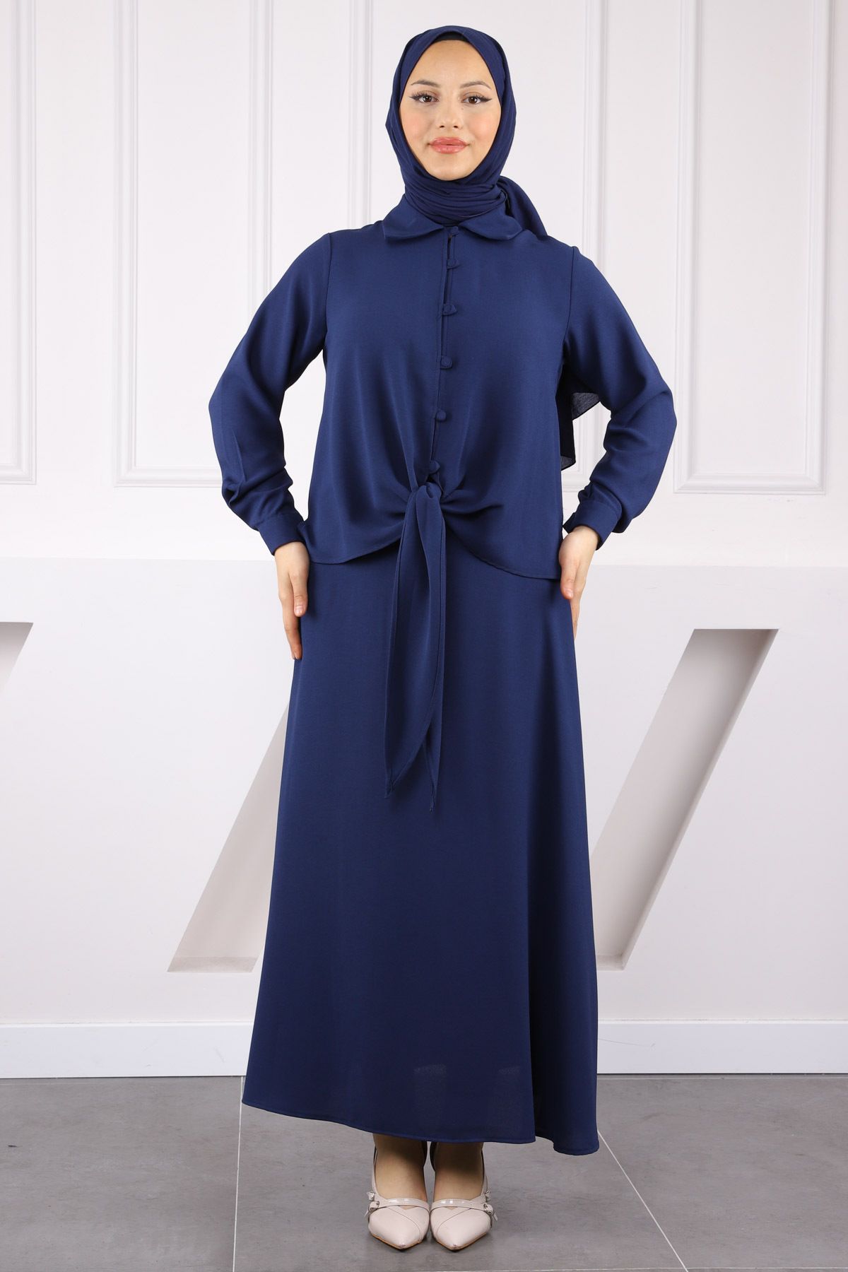İmajButik Lacivert Ön Bağlamalı Gömlek Etekli Takım