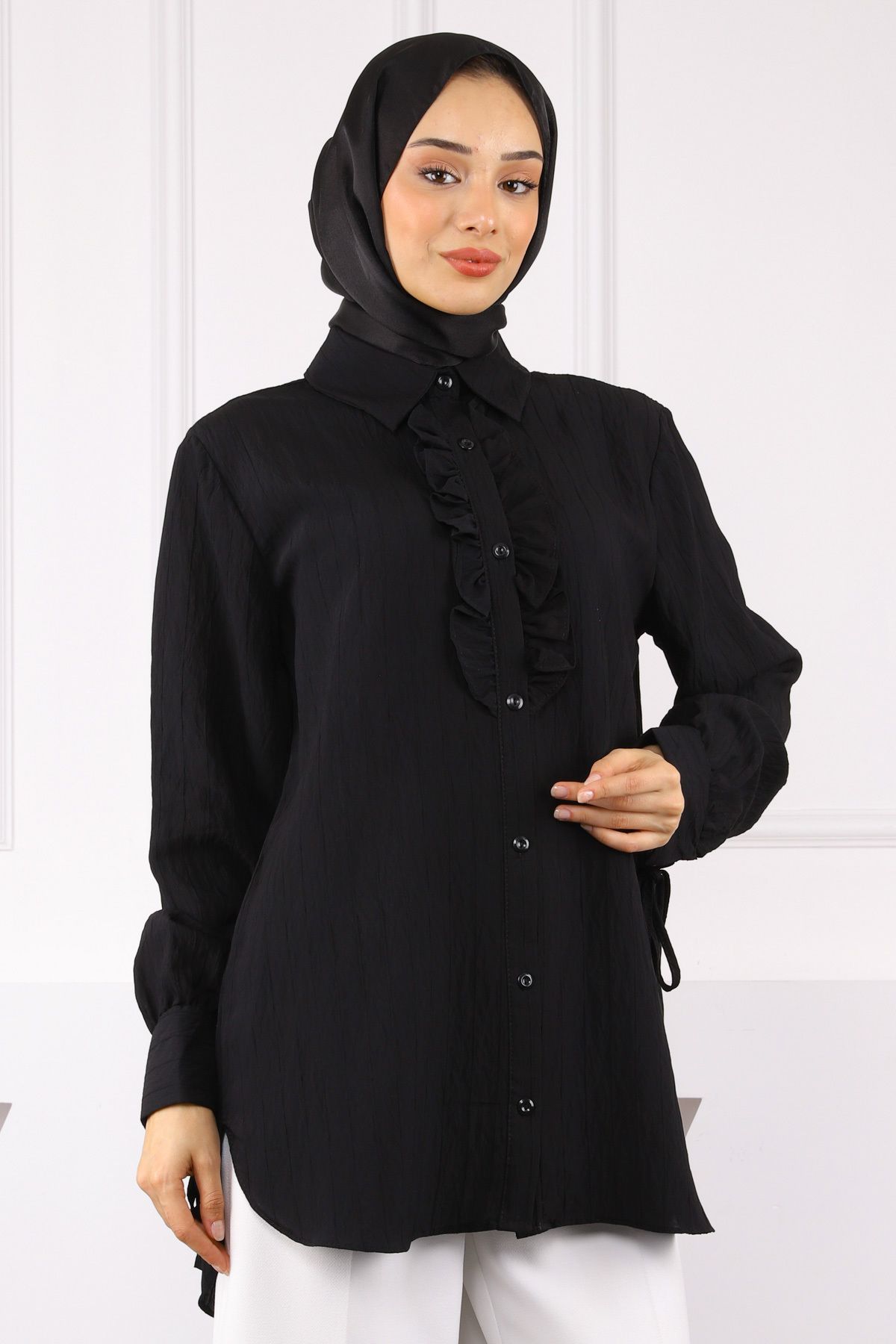 İmajButik Siyah Kol Bağlamalı Gömlek