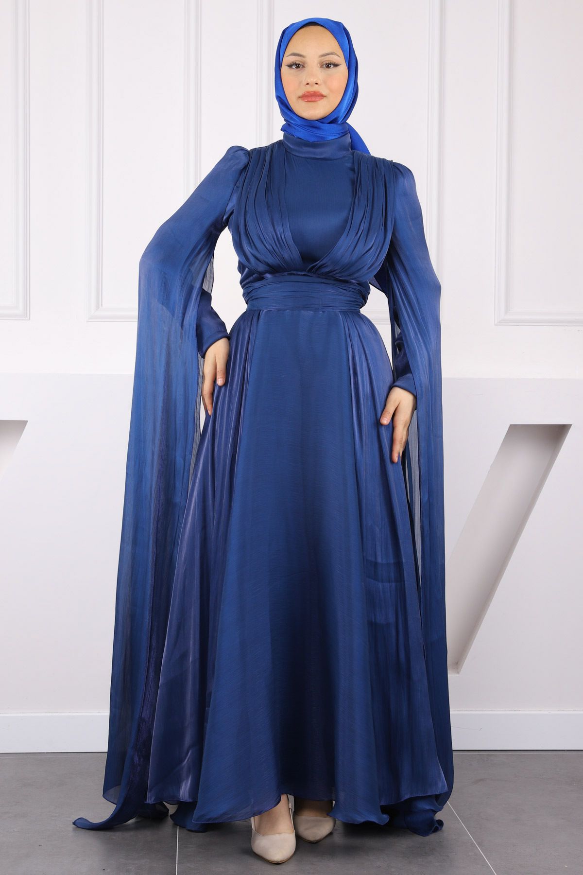İmajButik Saks Mavi Omuz Detaylı Drapeli Abiye