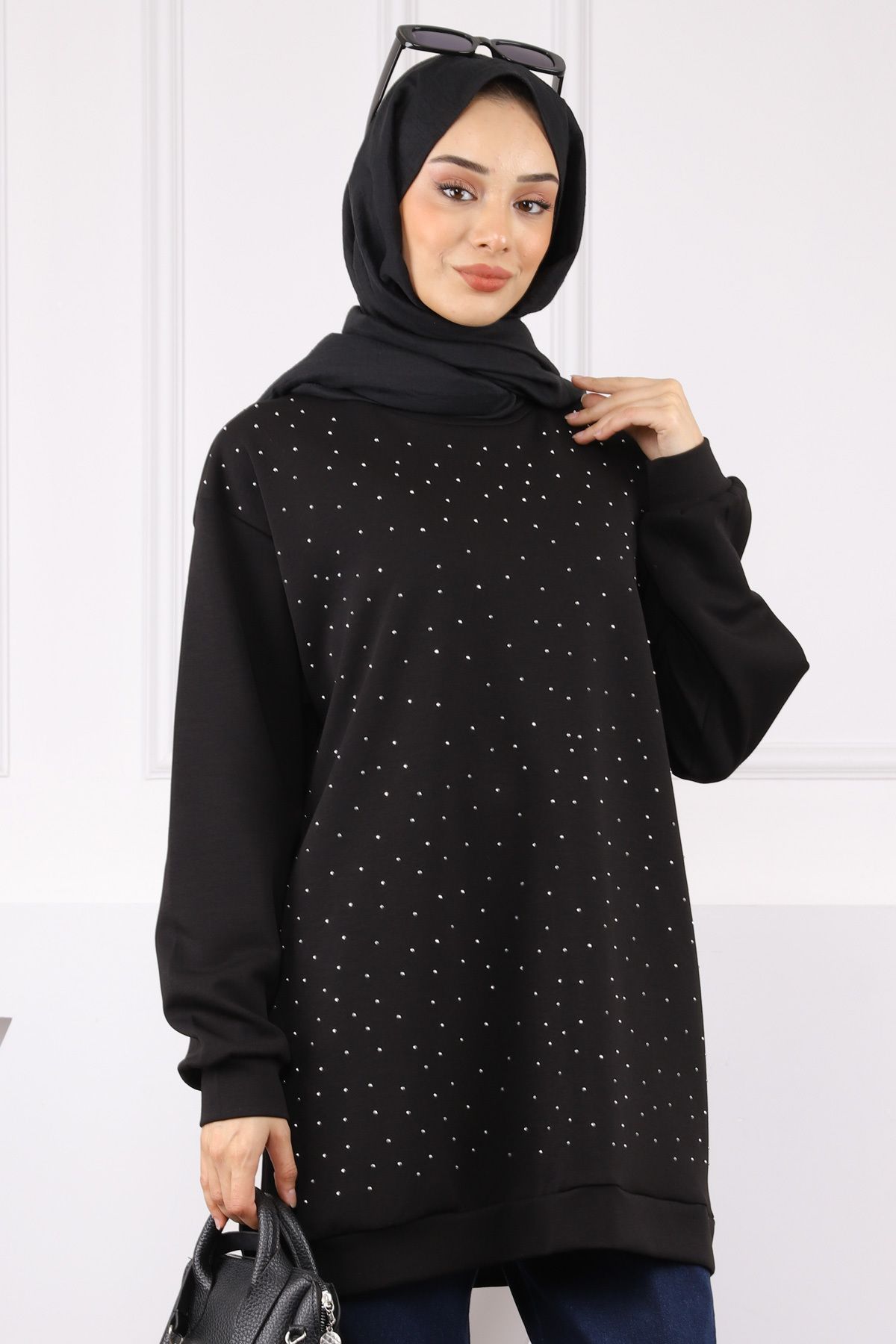 İmajButik Siyah Bisiklet Yaka Taşlı Modal Tunik