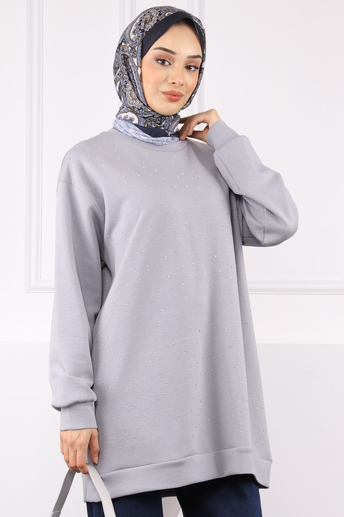 İmajButik Gri Bisiklet Yaka Taşlı Modal Tunik