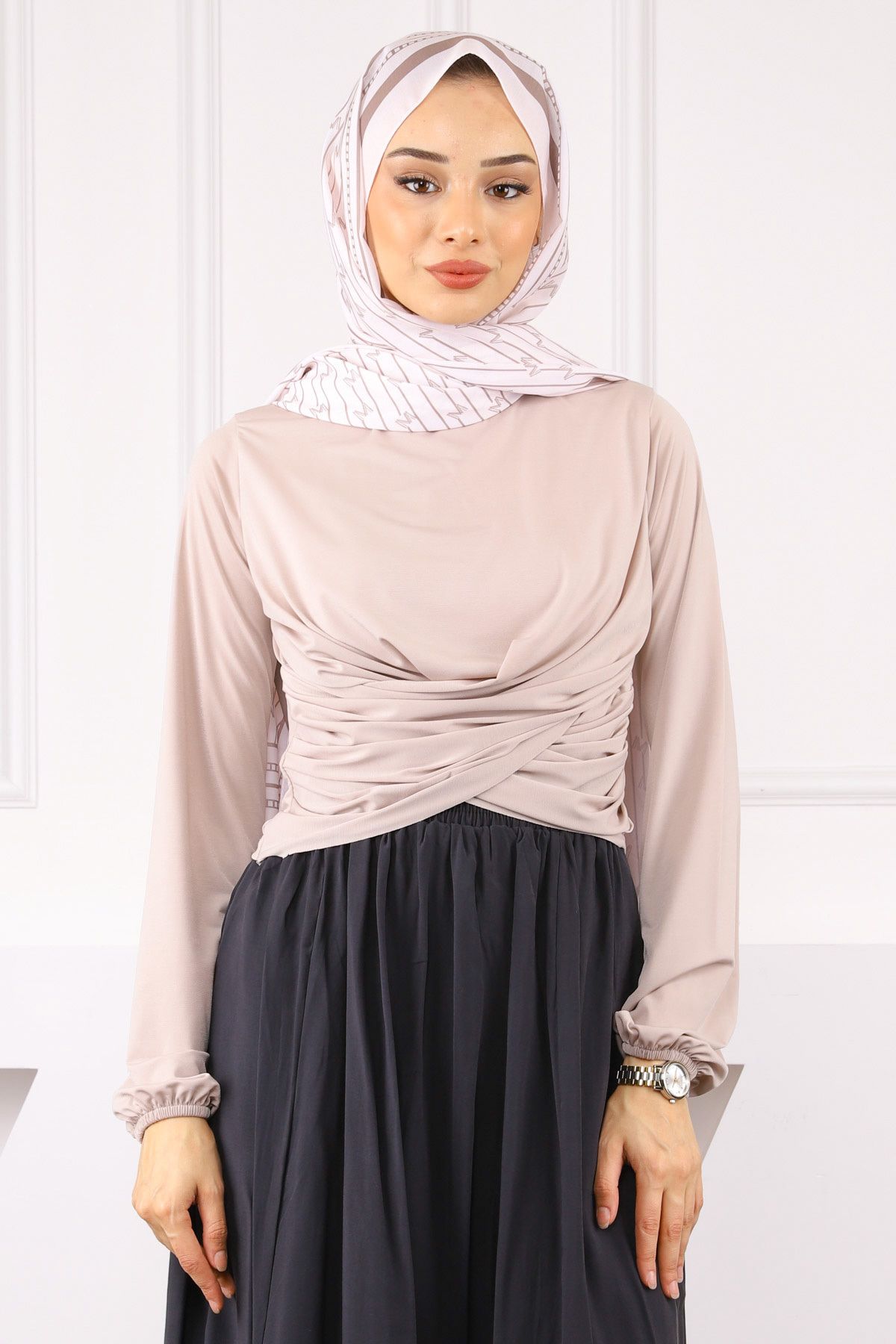 İmajButik Bej Çapraz Drape Detaylı Sandy Bluz
