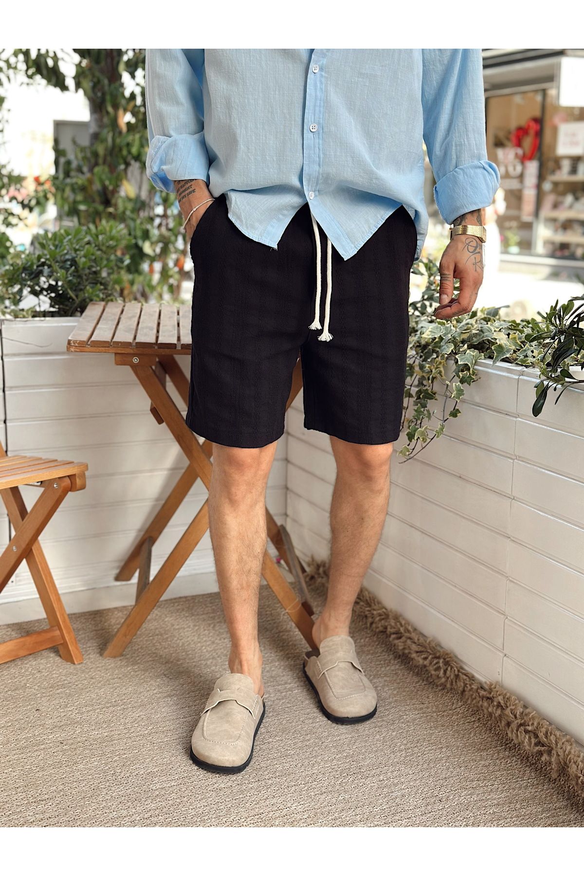 manch collection Kendinden Nakış Detaylı Keten Şort siyah