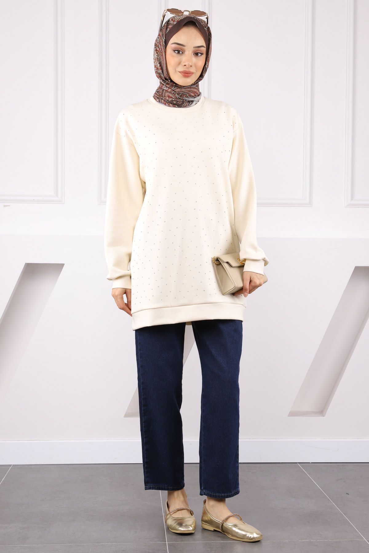 İmajButik-Κρεμ λαιμόκοψη Stoned Modal Tunic 3