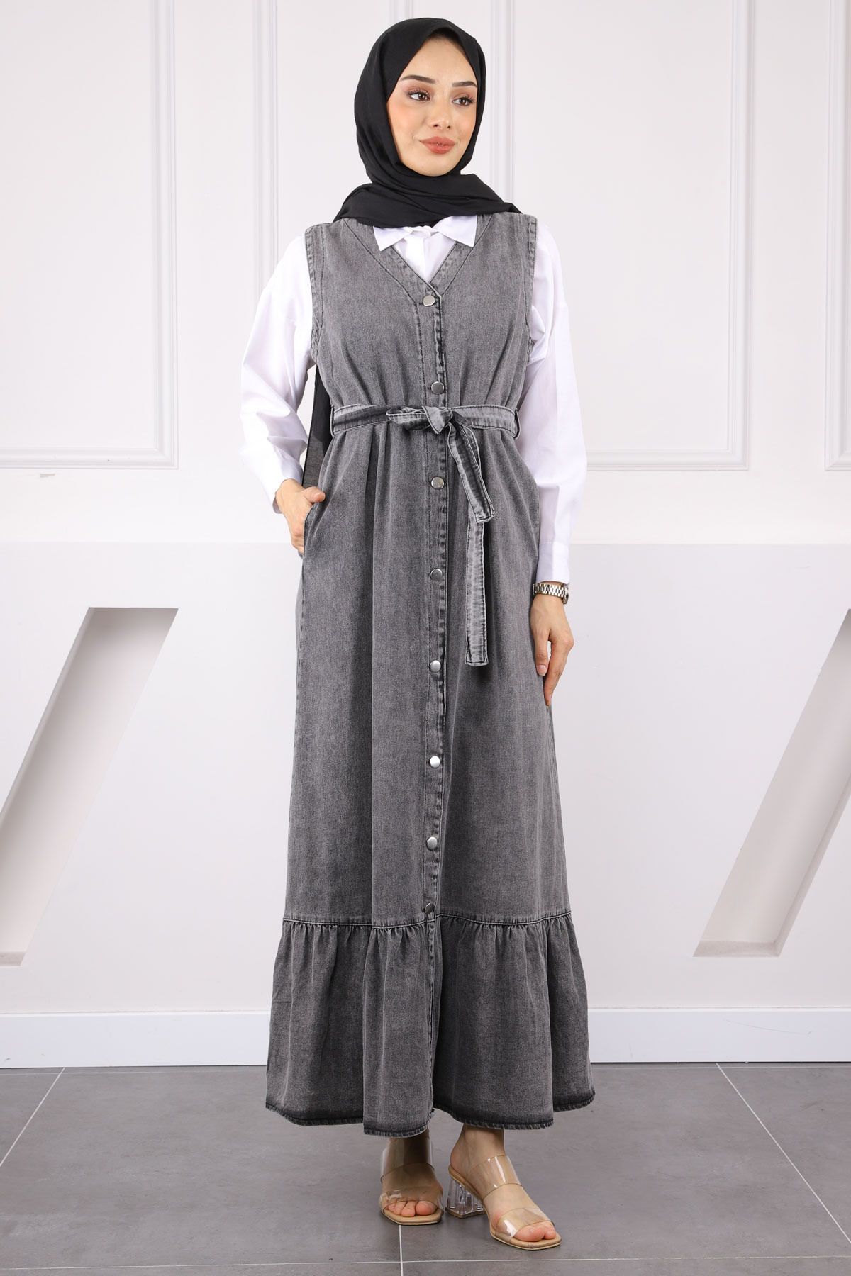 İmajButik Füme Bel Kuşaklı Cepli Kot Jile