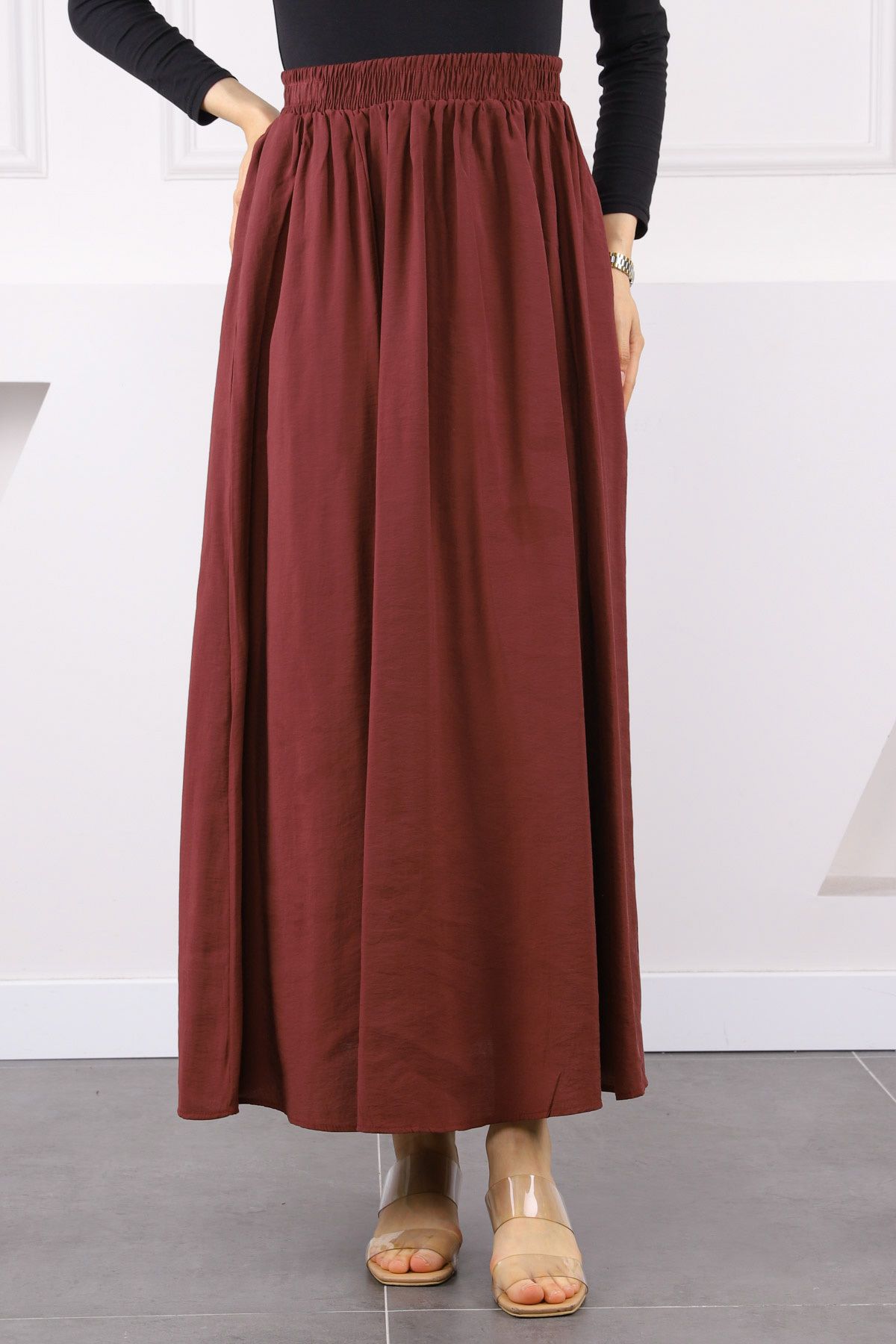 İmajButik Bordo Bel Lastikli Modal Etek