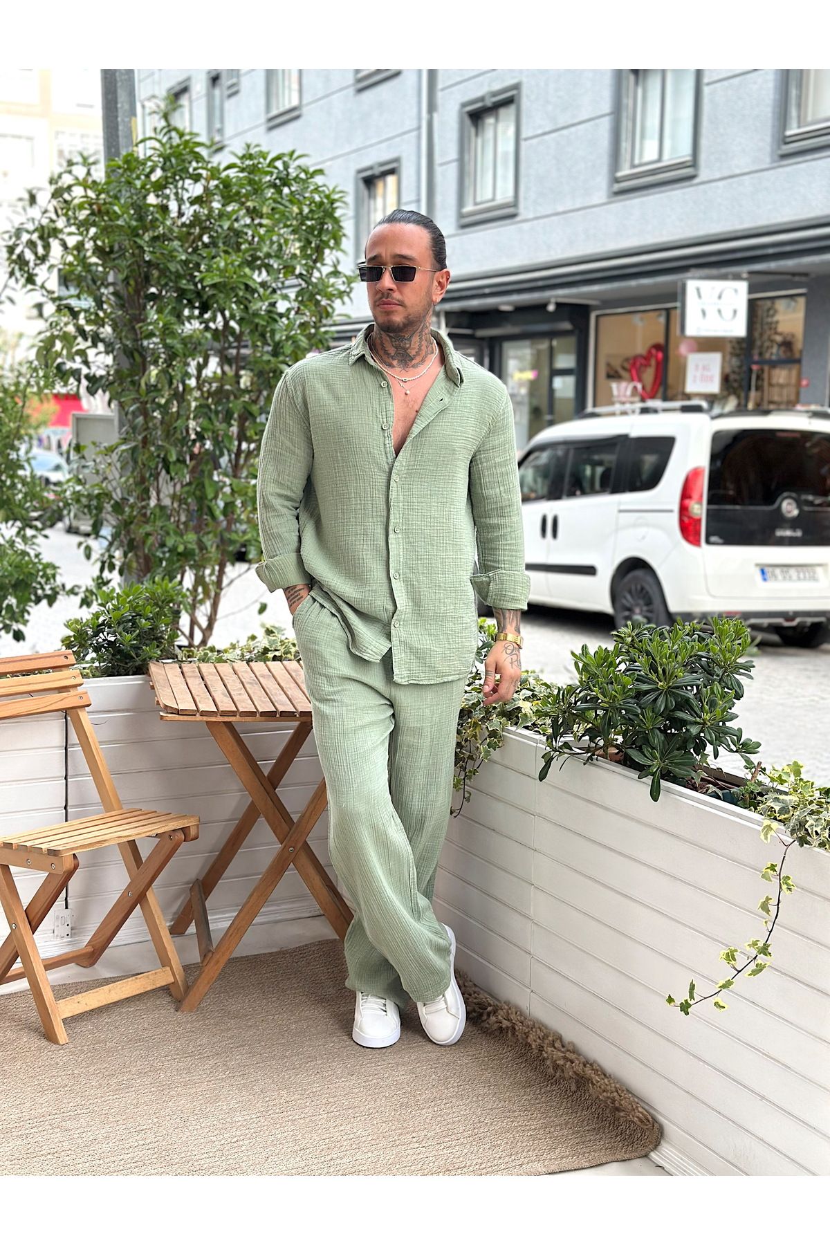 manch collection Yıkamalı Müslin Gömlek Pantolon Takım yeşil