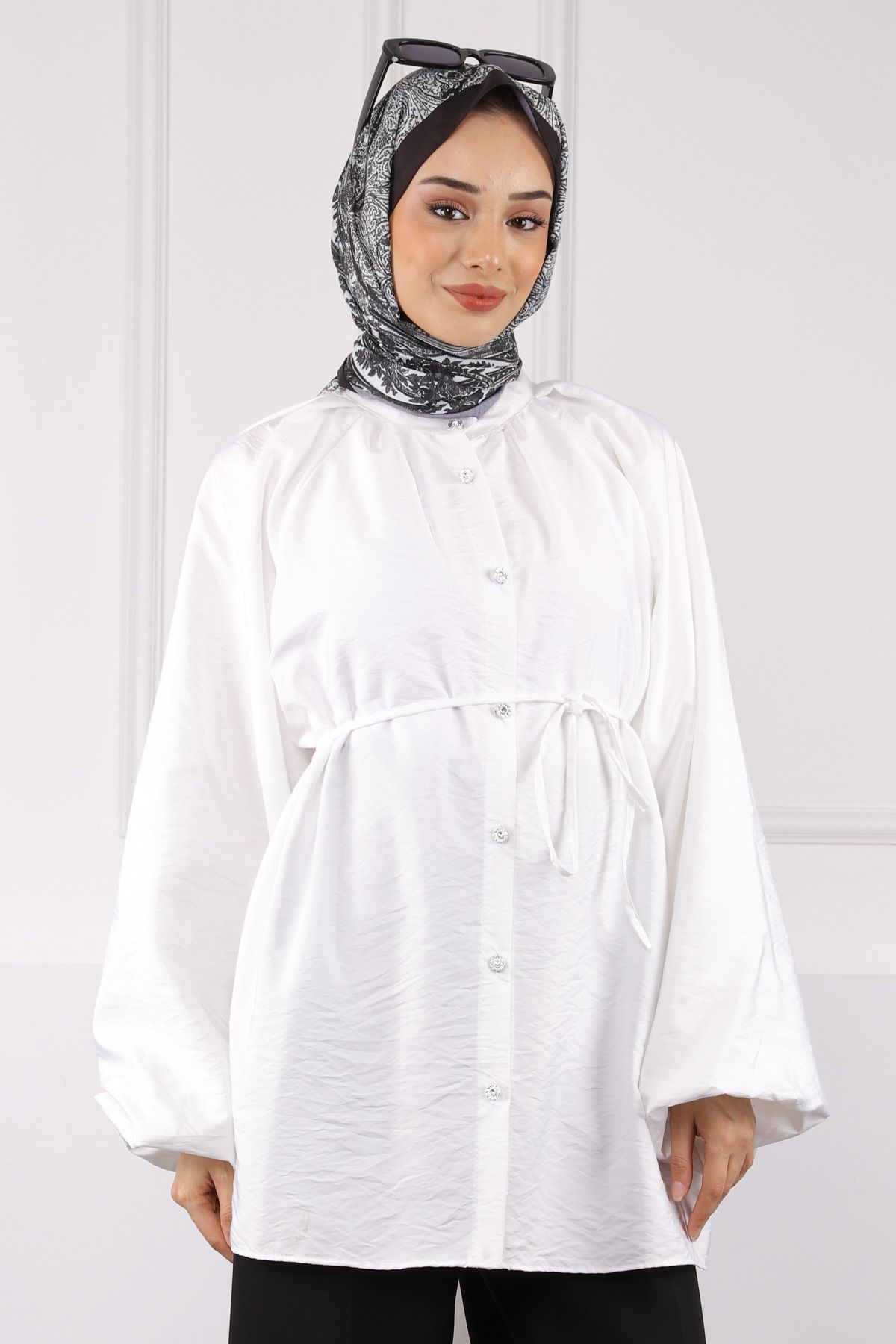 İmajButik Ekru Balon Kol Kuşaklı Gömlek
