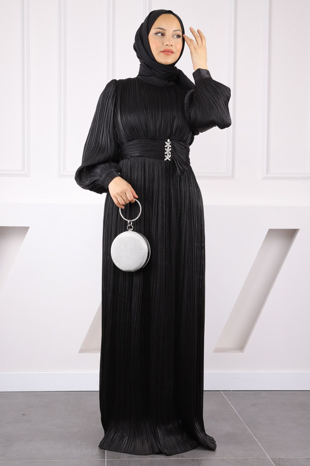 İmajButik Siyah Piliseli Taşlı Şifon Abiye