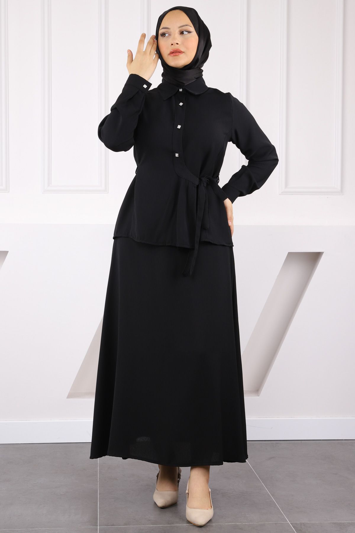 İmajButik Siyah Yan Bağlamalı Gömlek Etekli Takım