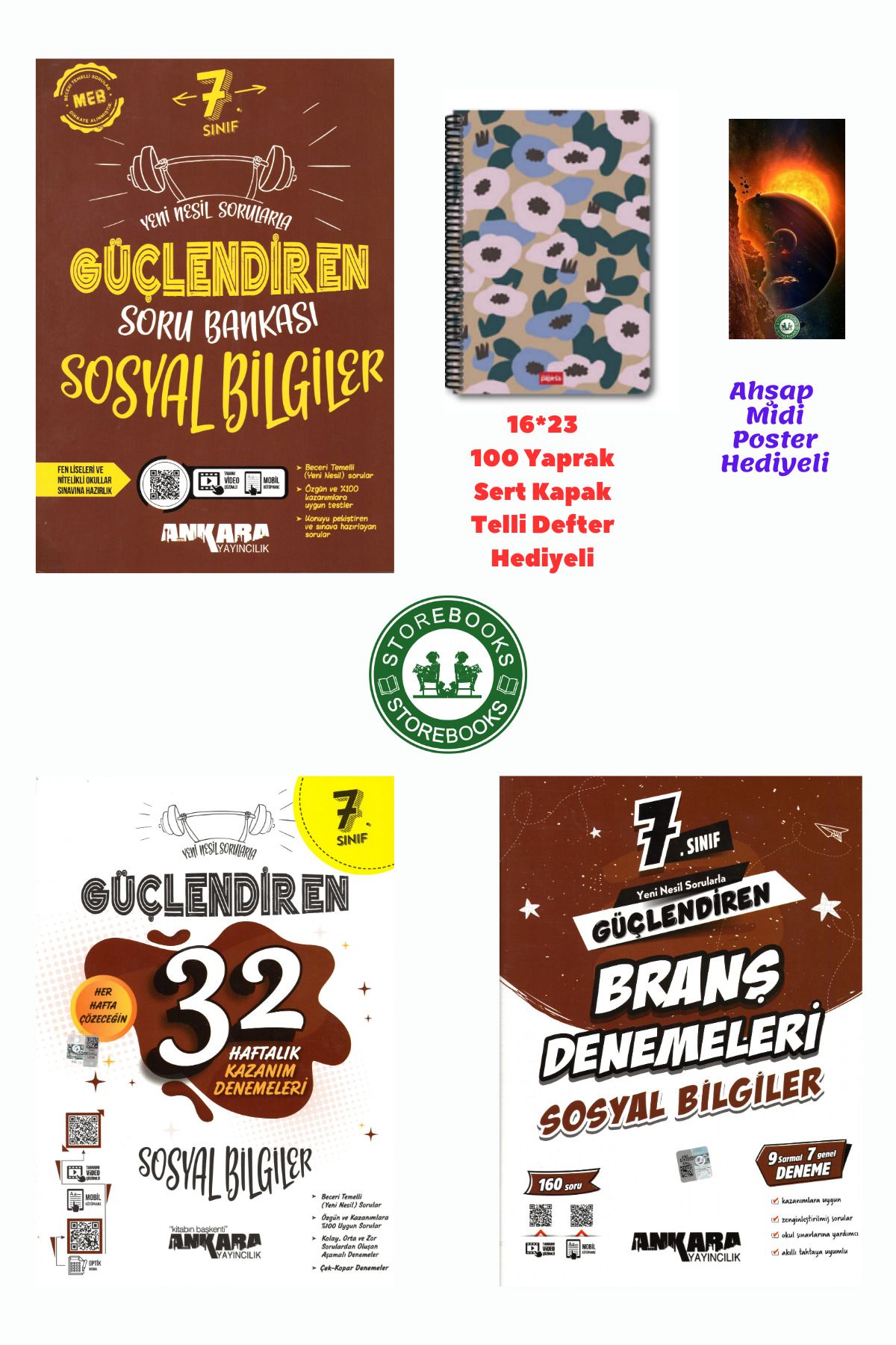 Ankara Yayıncılık 7. Sınıf Güçlendiren Sosyal Bilgiler Soru+Branş ve Haftalık Deneme+Defter ve Ahşap Poster Hediyeli