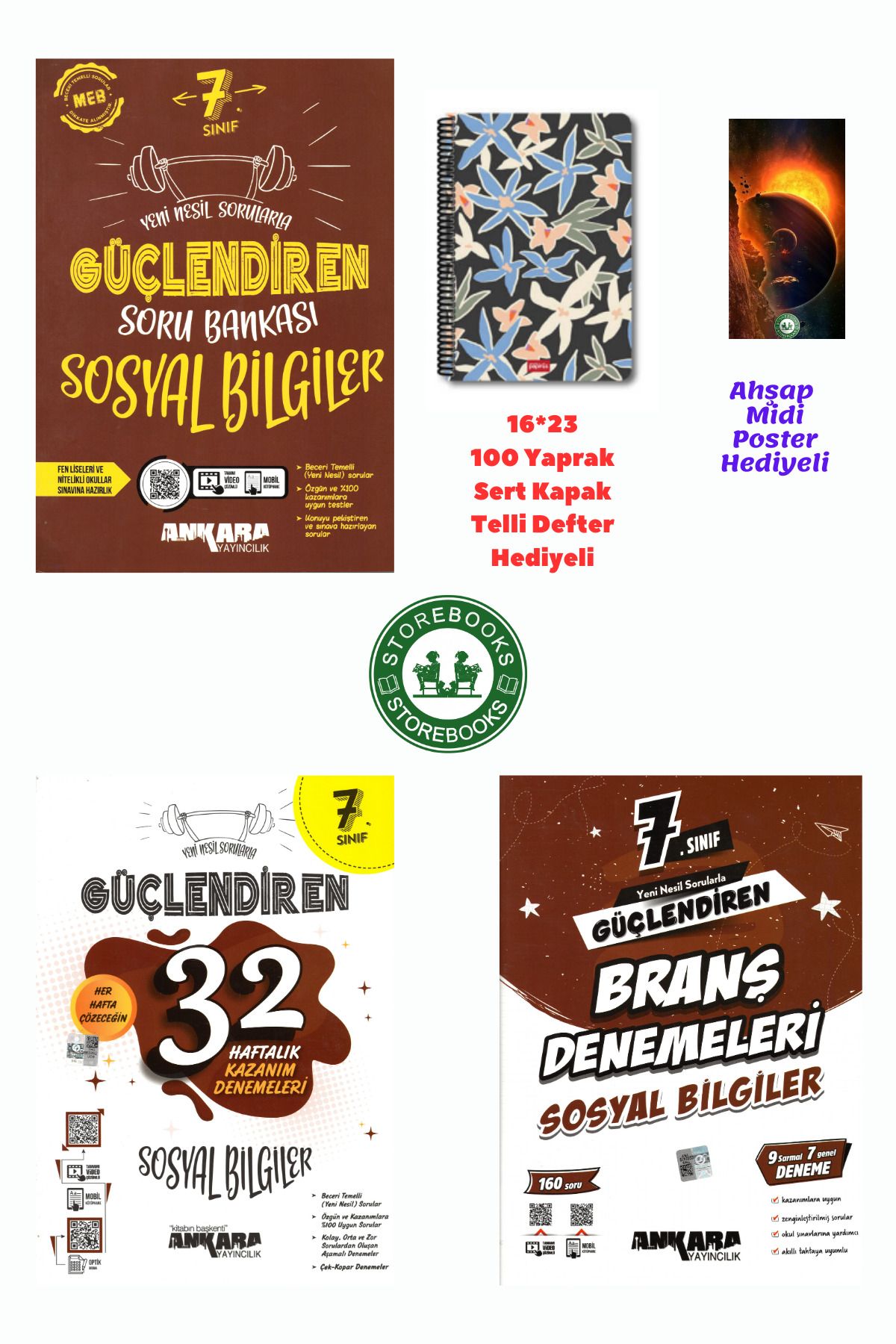 Ankara Yayıncılık 7. Sınıf Güçlendiren Sosyal Bilgiler Soru+Branş ve Haftalık Deneme+Defter ve Ahşap Poster Hediyeli