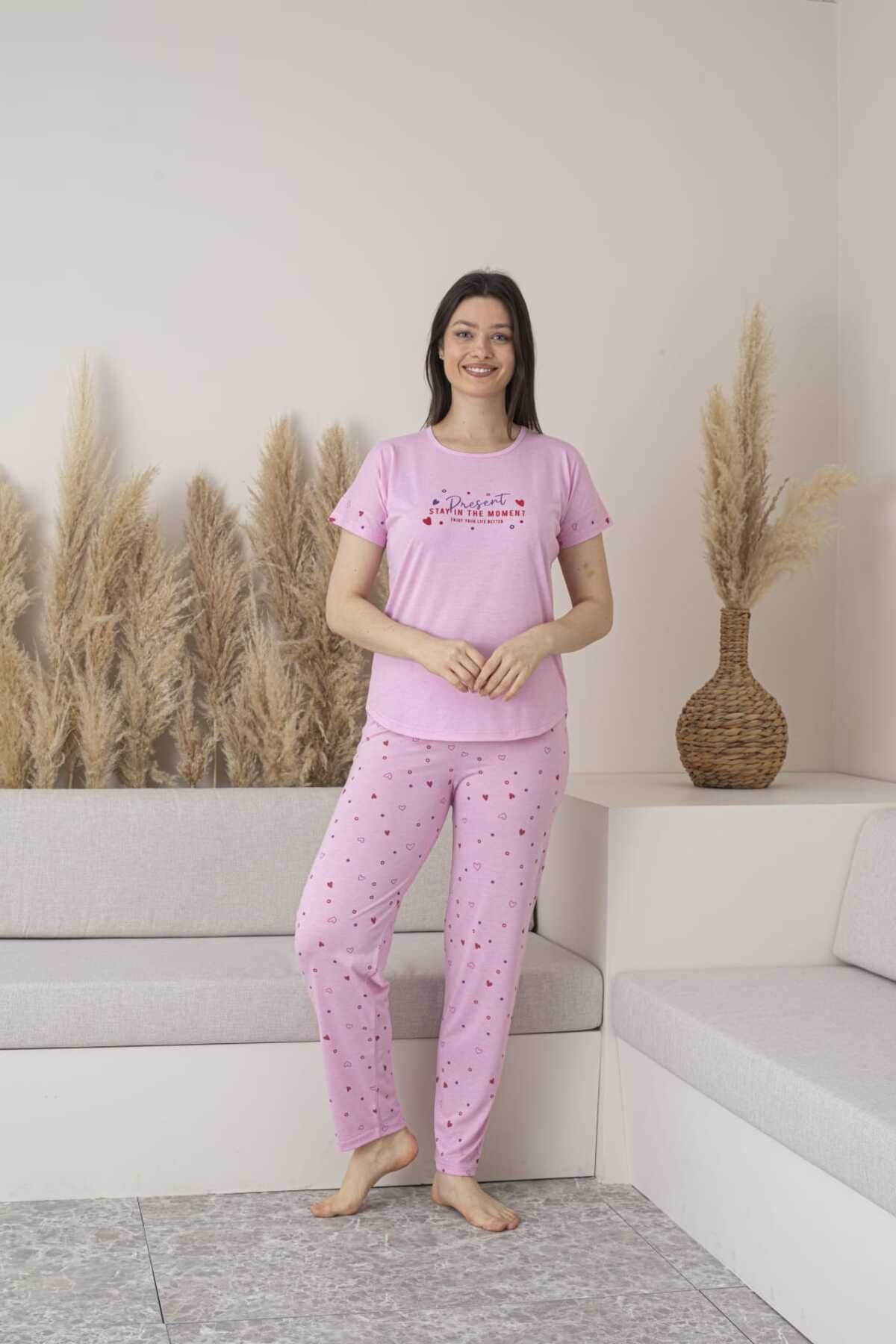 Lio20 Kadın Kalp Desenli Viskon Kısa Kol Pijama Takımı-Pembe