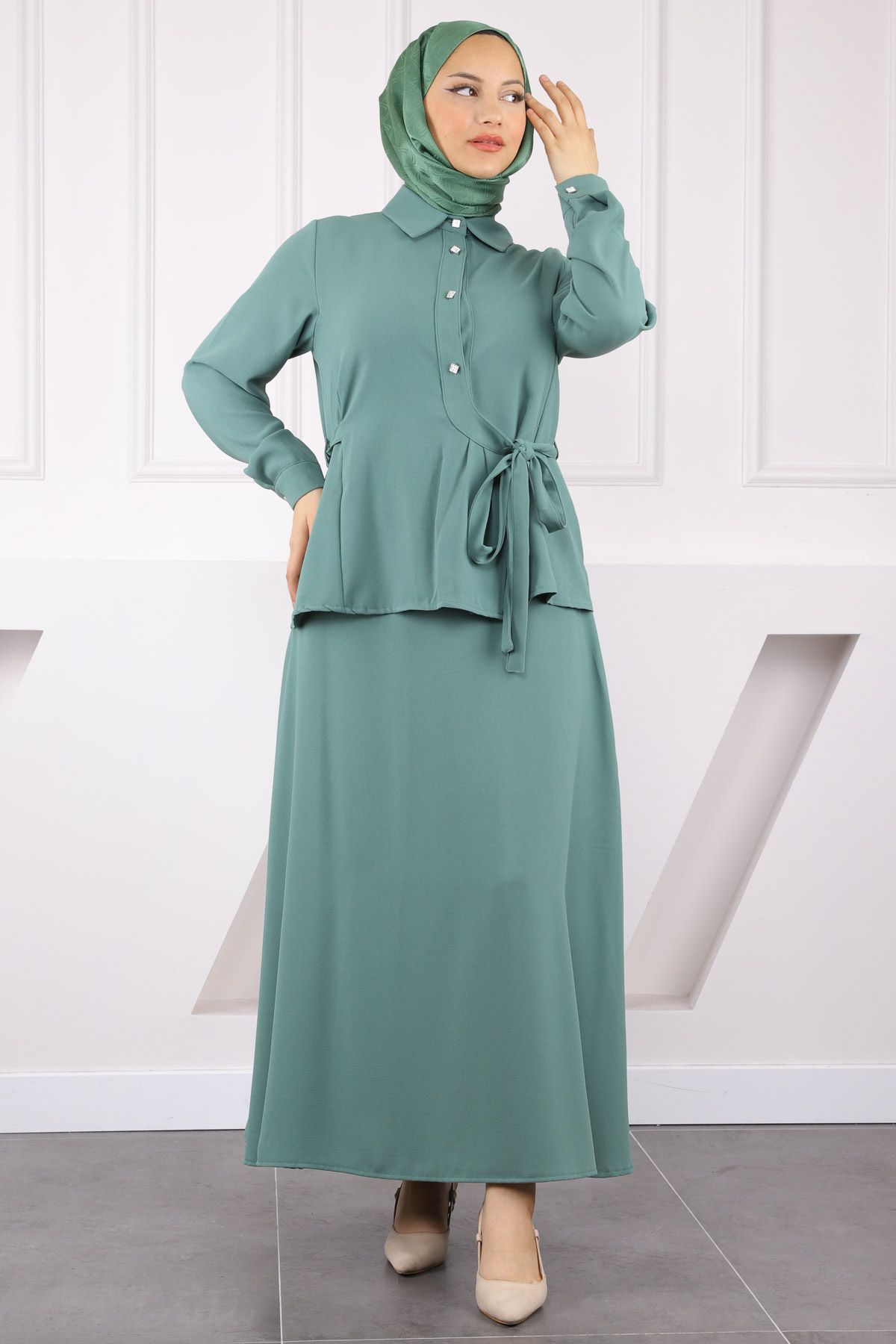 İmajButik Yeşil Yan Bağlamalı Gömlek Etekli Takım
