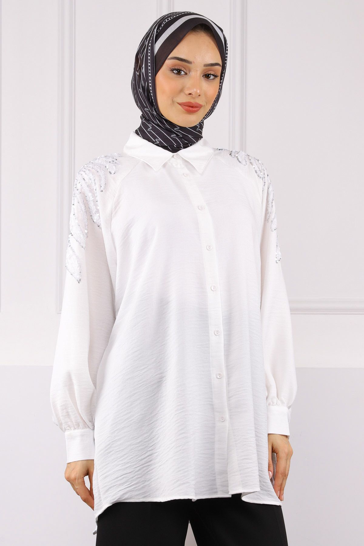 İmajButik Ekru Pul Nakışlı Düğmeli Gömlek