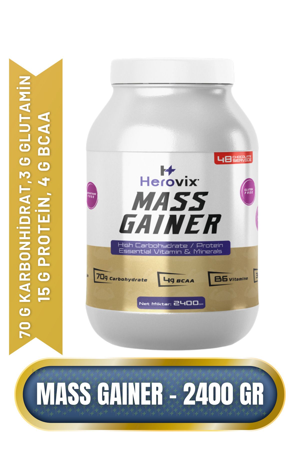 Herovix Mass Gainer 2400 gr Çikolata Aromalı – Yüksek Karbonhidrat & Protein – BCAA ve B6 Vitaminli