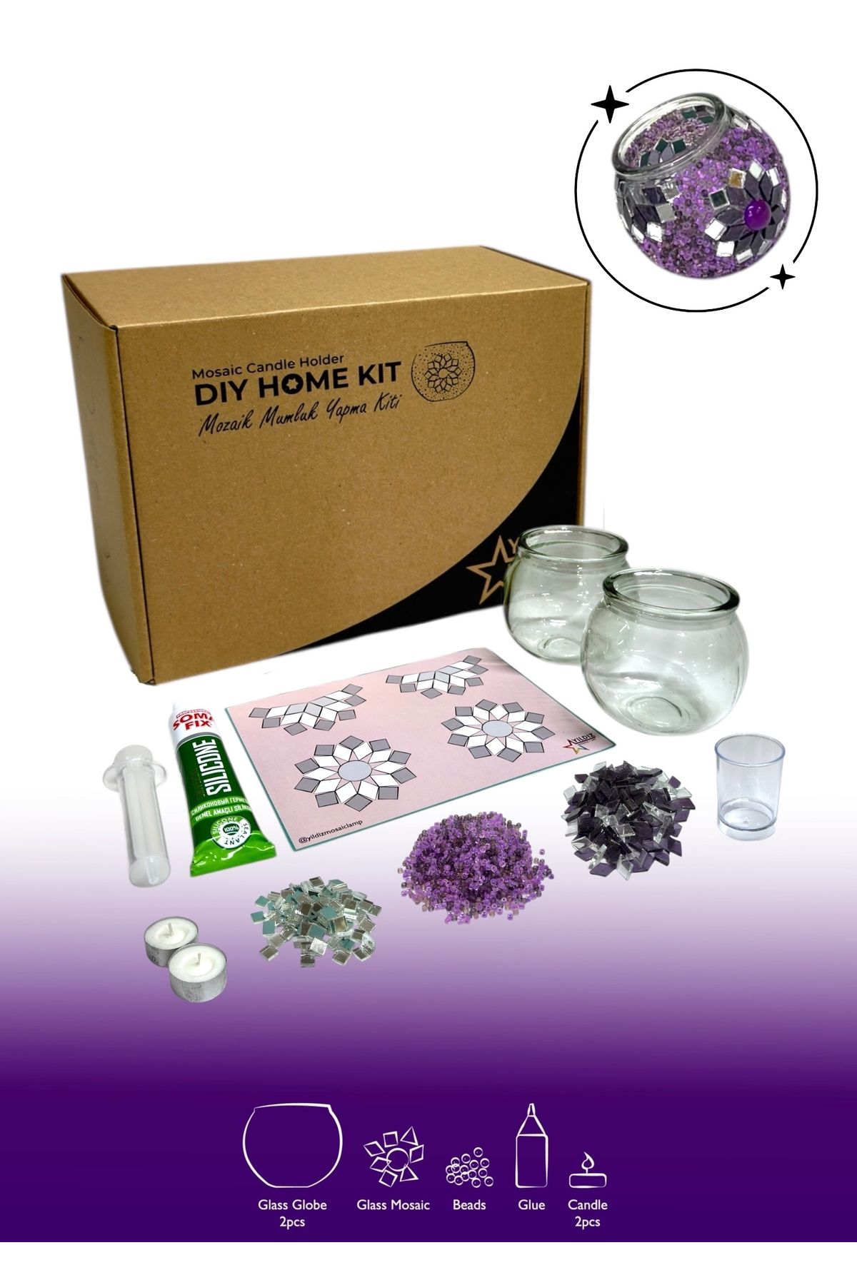DIY Mozaik Mumluk Yapma Kiti | Mosaic Candle Holder D.I.Y. Home Kit | Make Your Own Mosaic Craft Kit