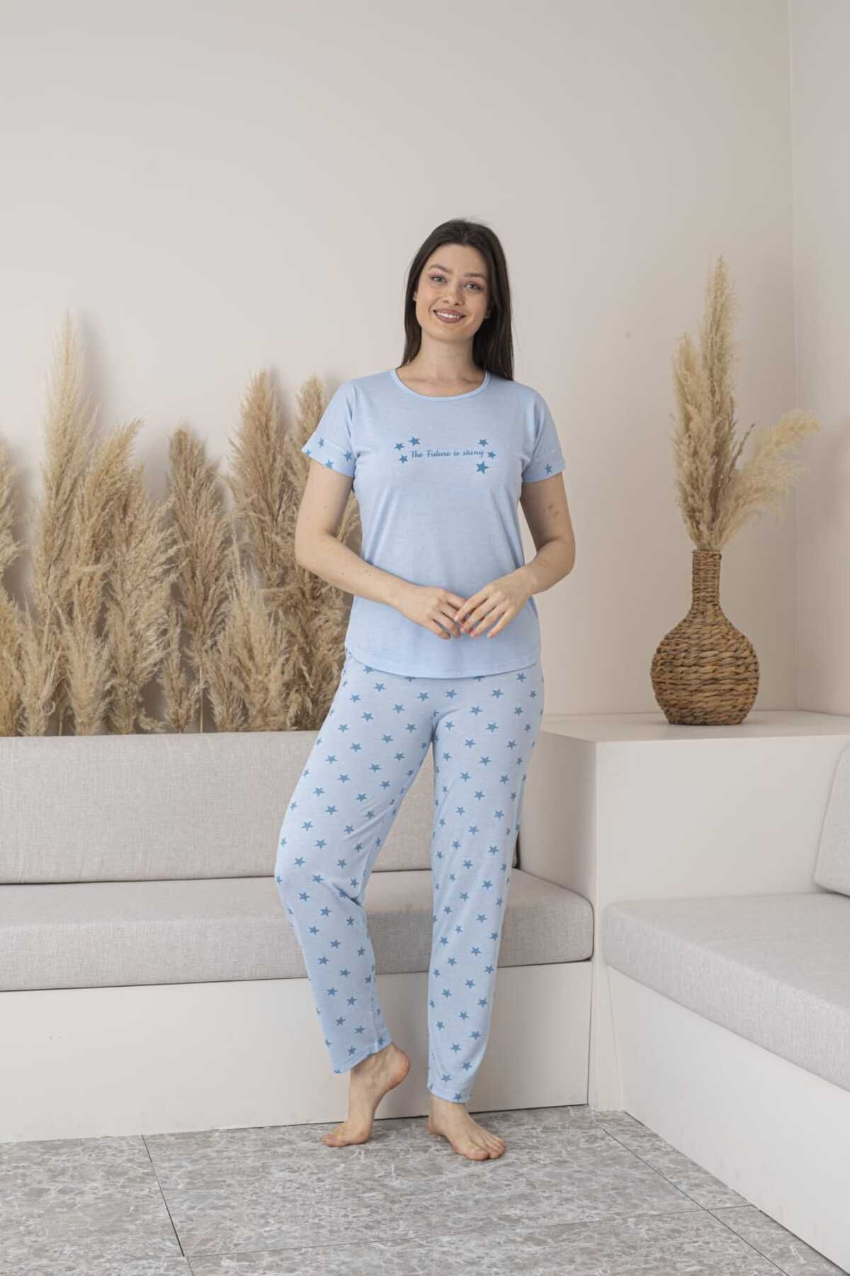 Lio20 Kadın Yıldız Desenli Viskon Kısa Kol Pijama Takımı-Mavi