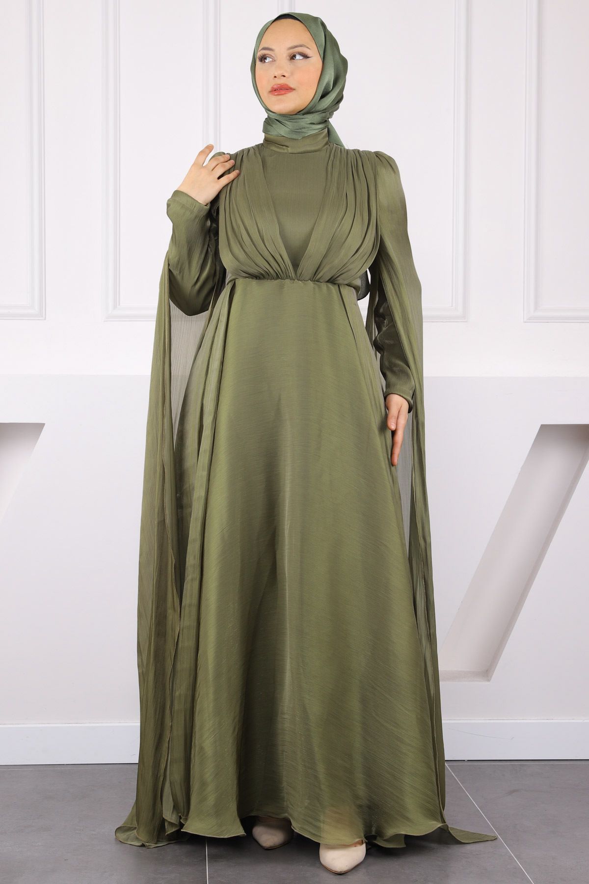 İmajButik Haki Omuz Detaylı Drapeli Abiye