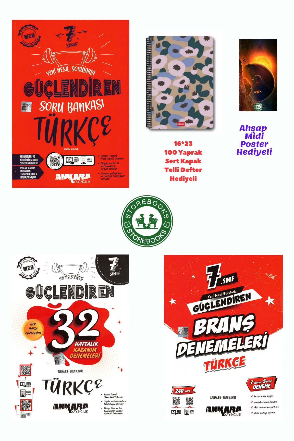 Ankara Yayıncılık 7. Sınıf Güçlendiren Türkçe Soru + Branş ve Haftalık Deneme Seti+Defter ve Ahşap Poster Hediye