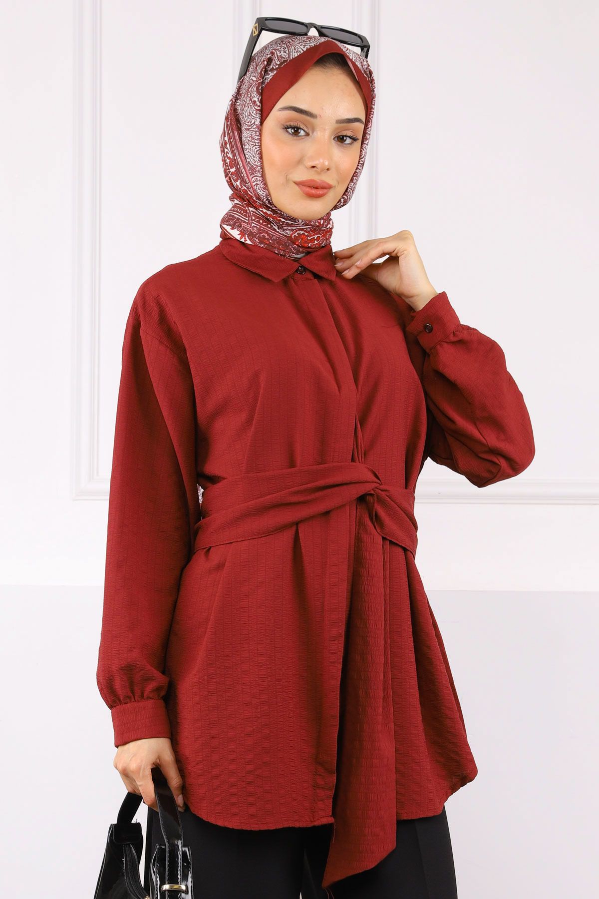 İmajButik Bordo Kuşak Detaylı Bürümcük Gömlek