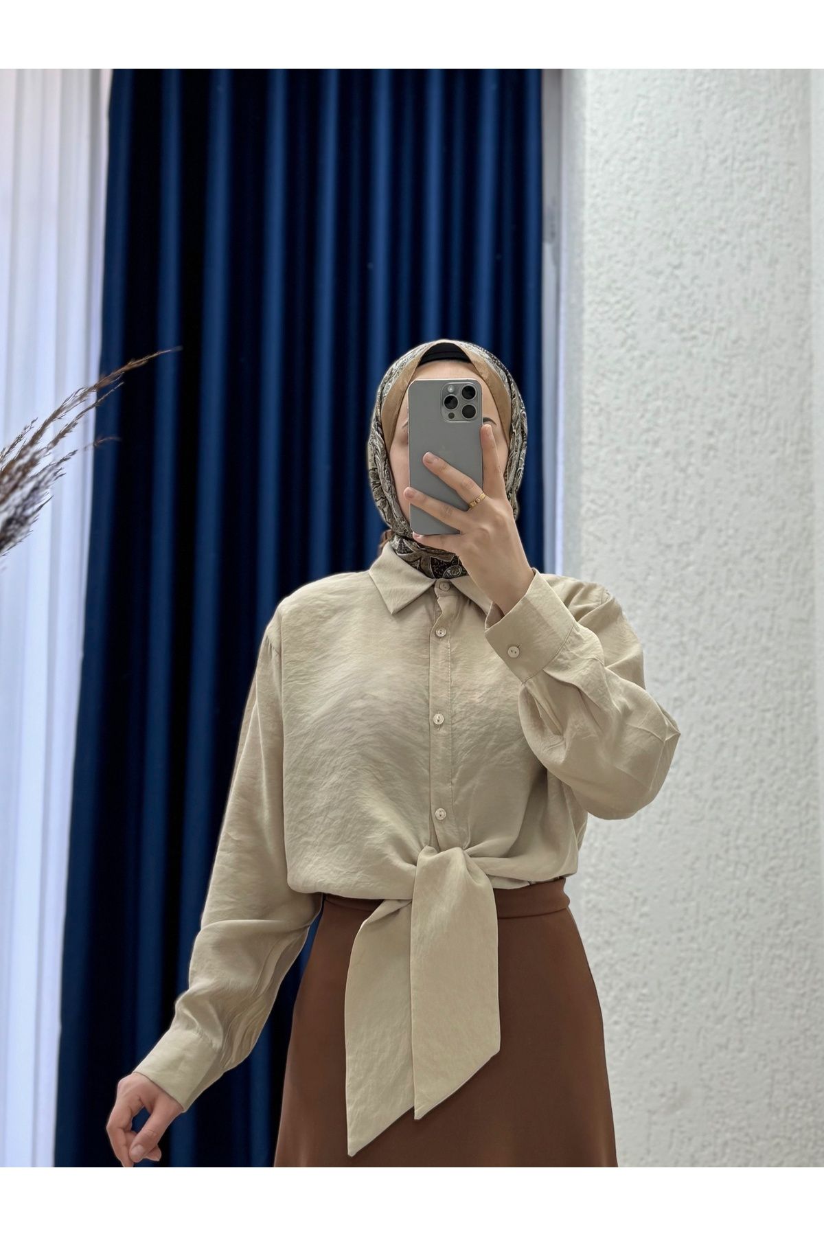 Ebrar Store Trinda Bağlamalı Modal Gömlek-SA25222 Taş