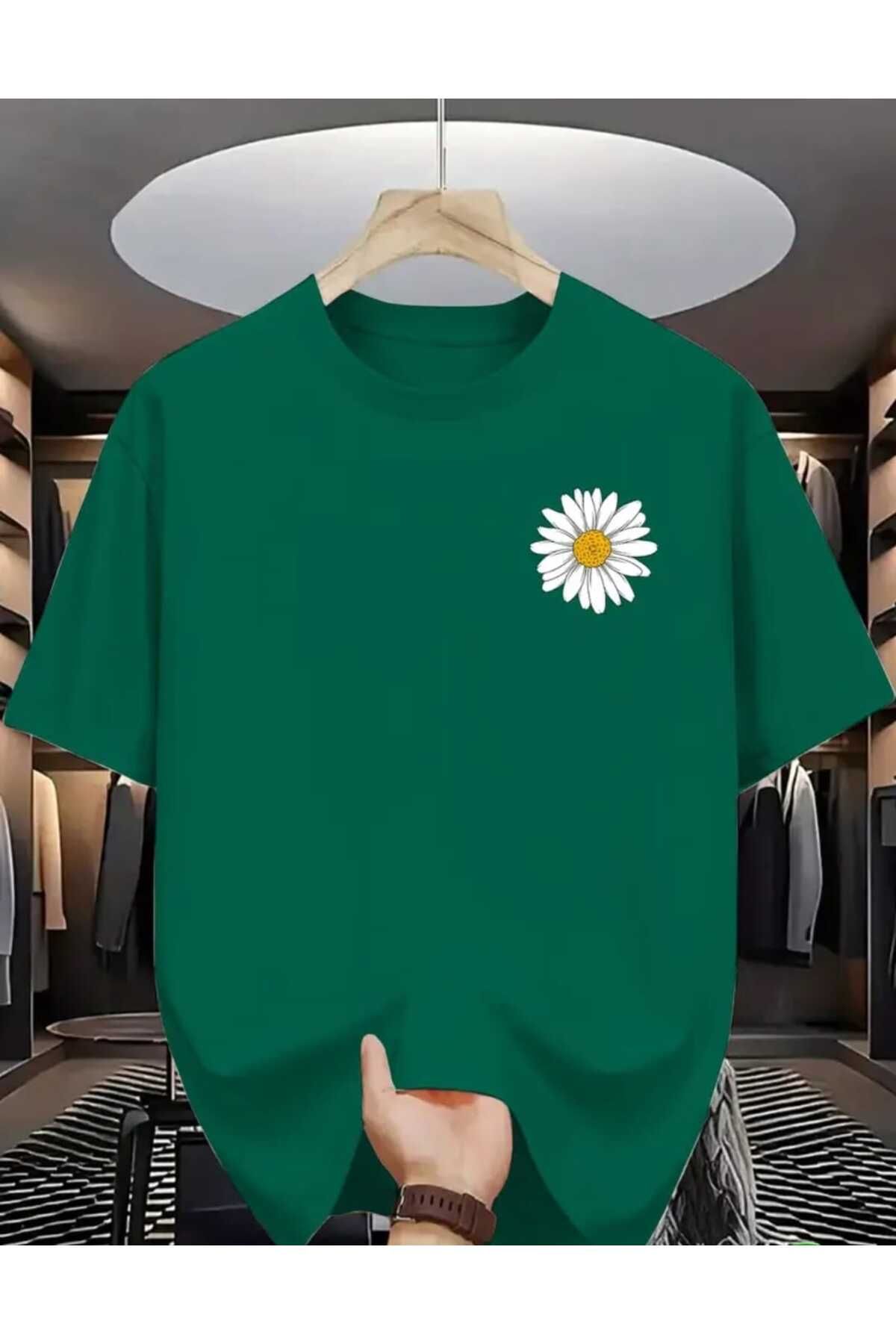 TekTarzz Unisex Papatya Baskılı Pamuklu Tshirt