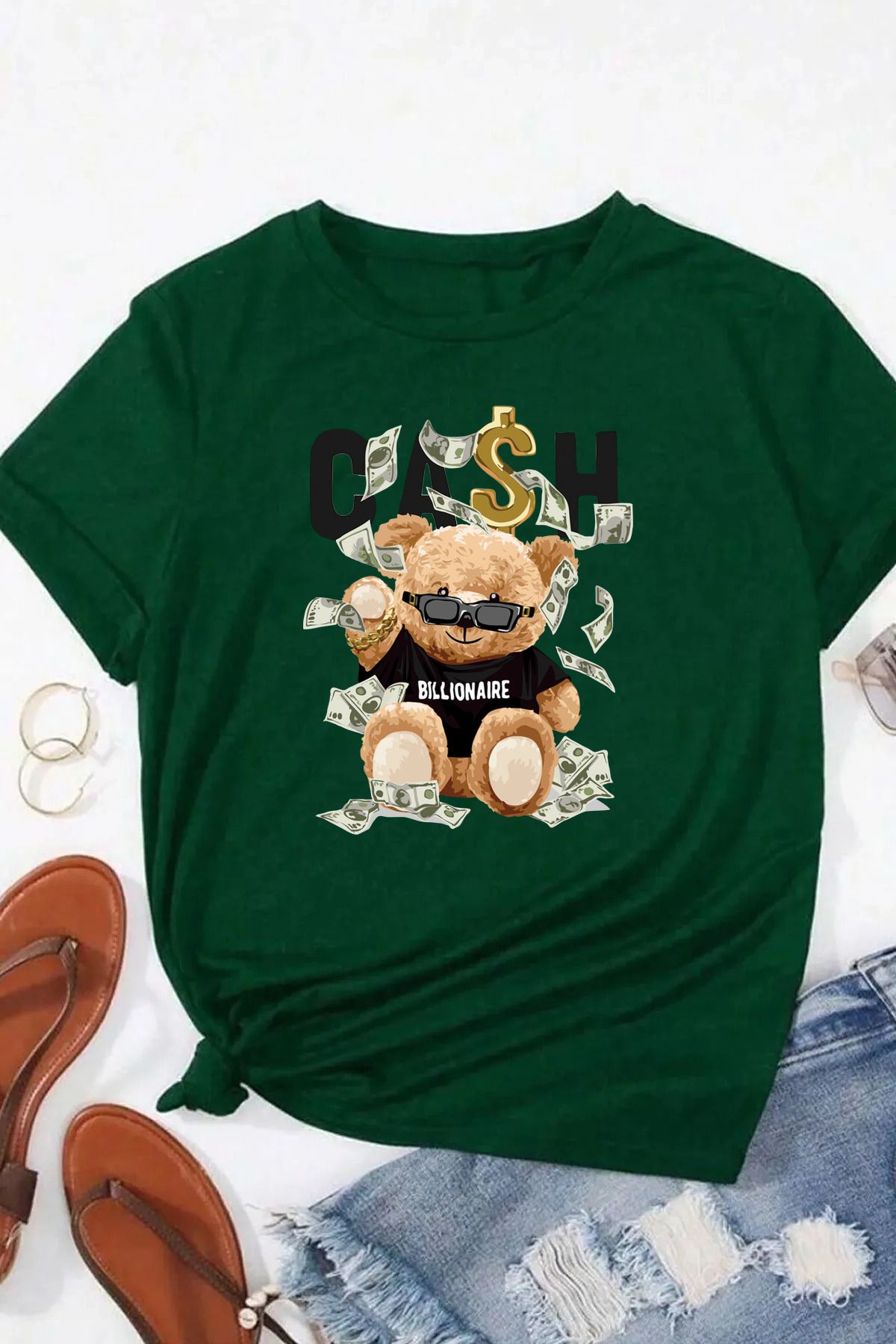 qavnas Unisex Cash Bear Baskılı Rahat Kesim Yeşil T-Shirt