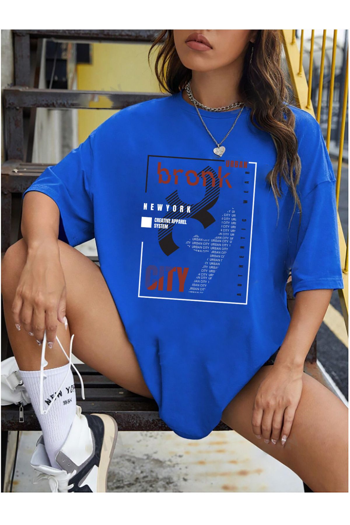 qavnas Unisex Bronk City Baskılı Rahat Kesim Sax-Mavi T-Shirt