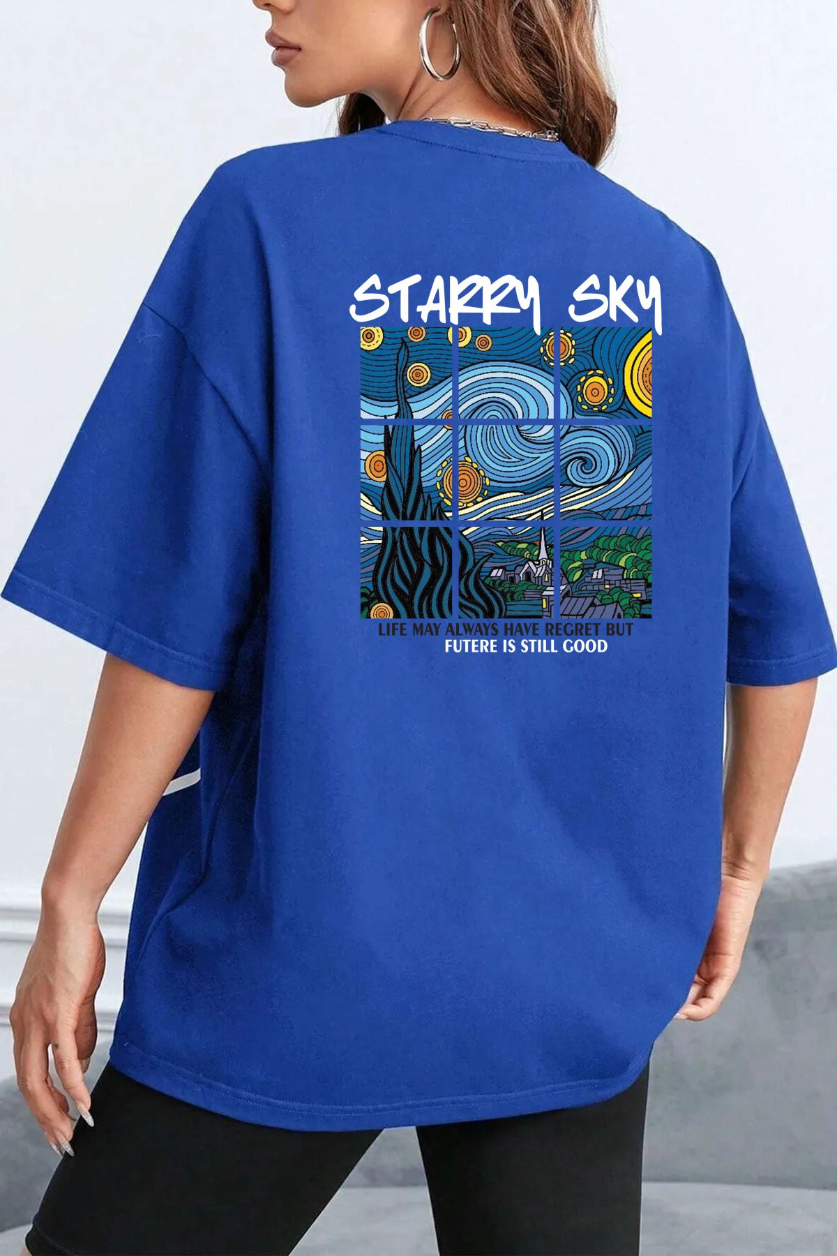 qavnas Unisex Starry SKY Baskılı Rahat Kesim Sax-Mavi T-Shirt