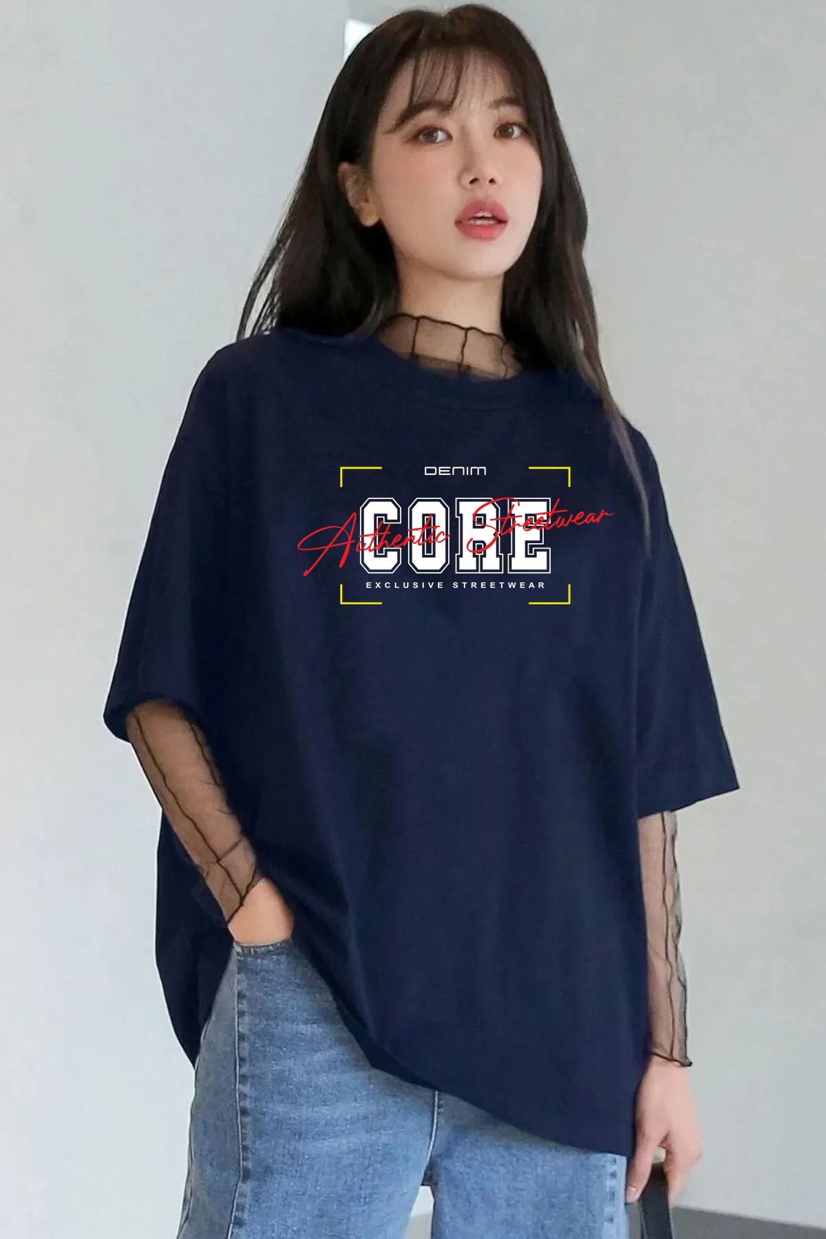 halowear Unisex Core Baskılı Rahat Kesim Lacivert T-Shirt