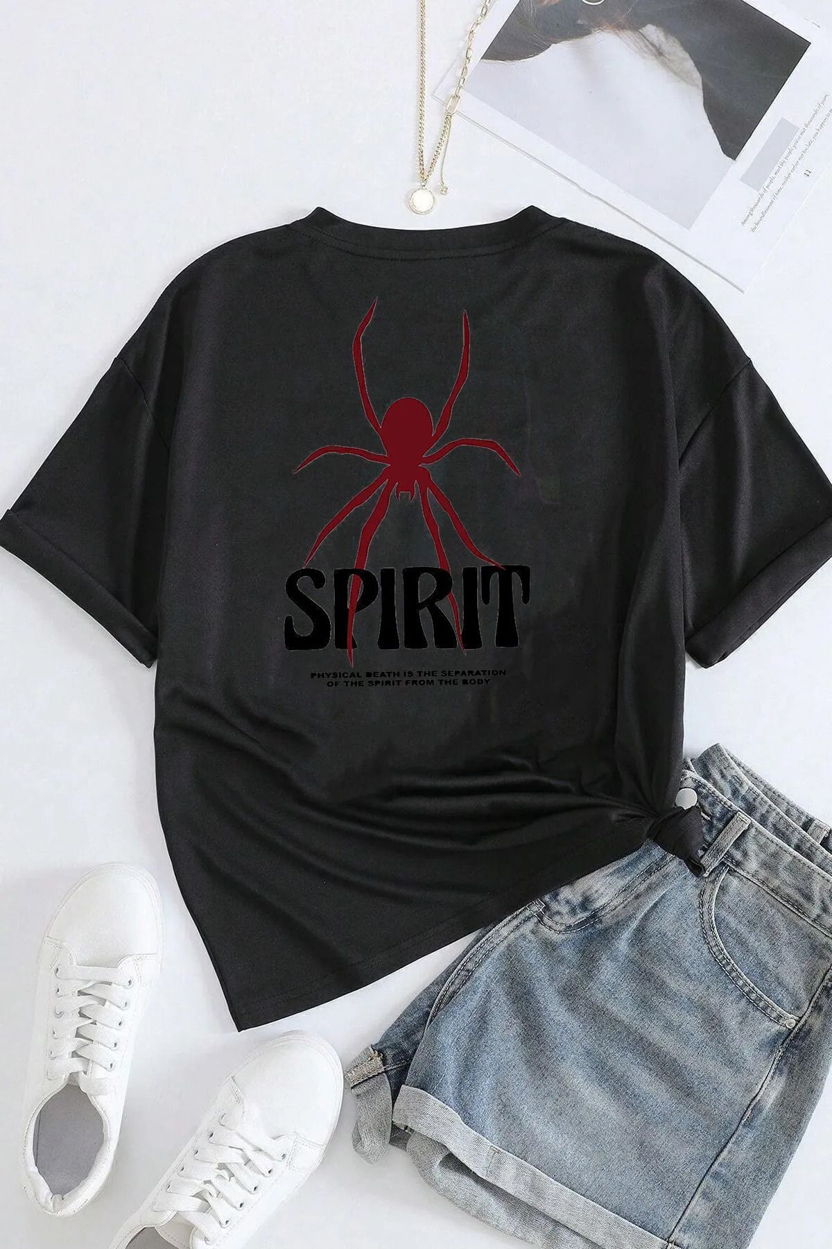 qavnas Unisex Spirit Baskılı Rahat Kesim Siyah T-Shirt