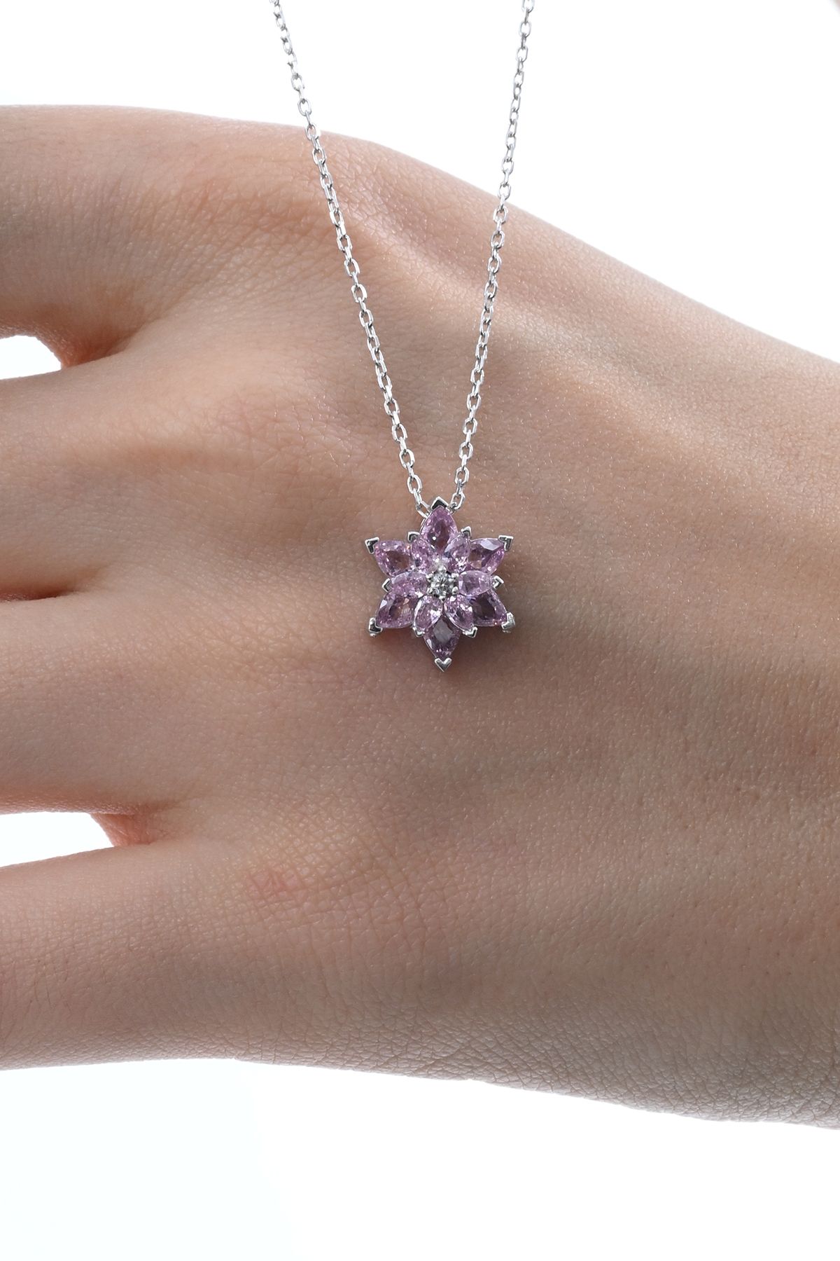 jingle bells Lotus Çiceği Kolye Çift Katlı Pembe Zirkon Taşlı 925 Ayar Gümüş Rodyum