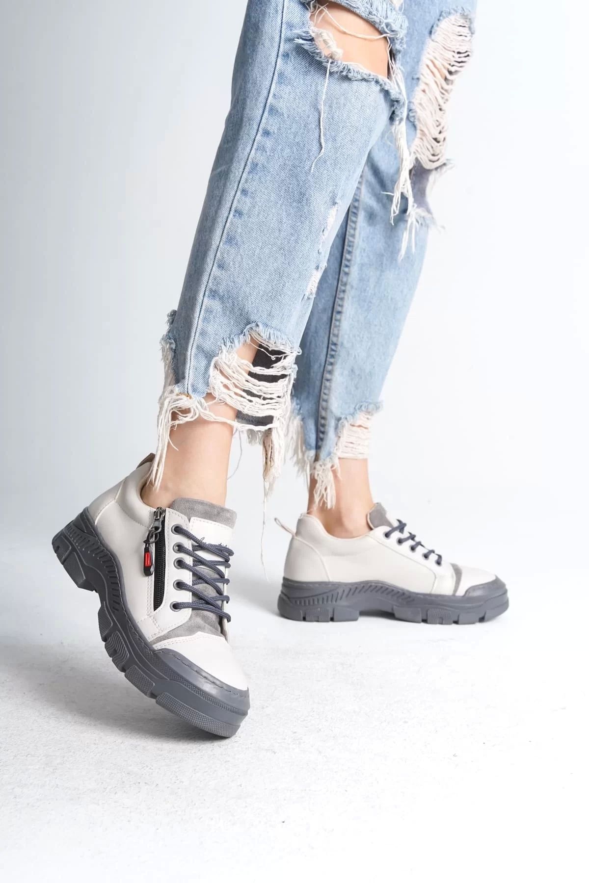 BİCANS AGATHA Bağcıklı Fermuarlı Ortopedik Taban Kadın Sneaker Spor Ayakkabı GT - Krem