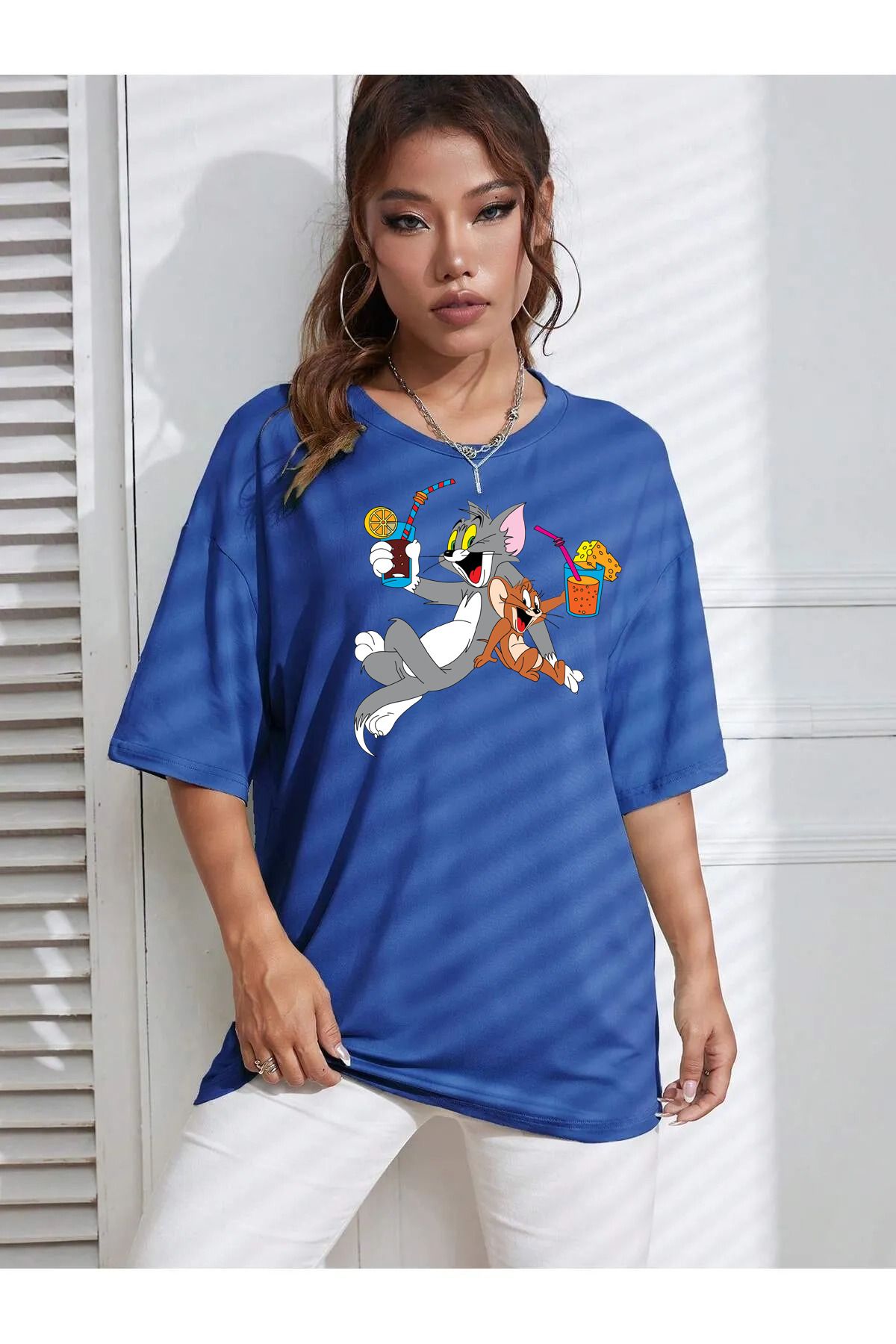 qavnas Unisex Tom and Mickey Baskılı Rahat Kesim Sax-Mavi T-Shirt