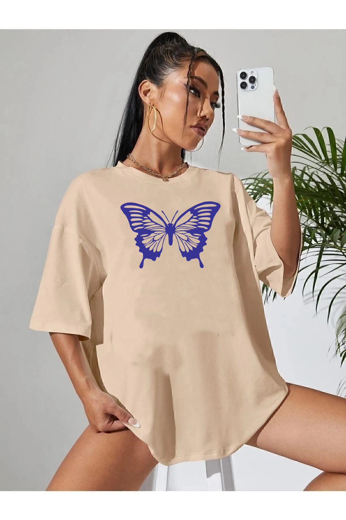 memowear Unisex Mor Kelebek Baskılı Rahat Kesim Bej T-Shirt