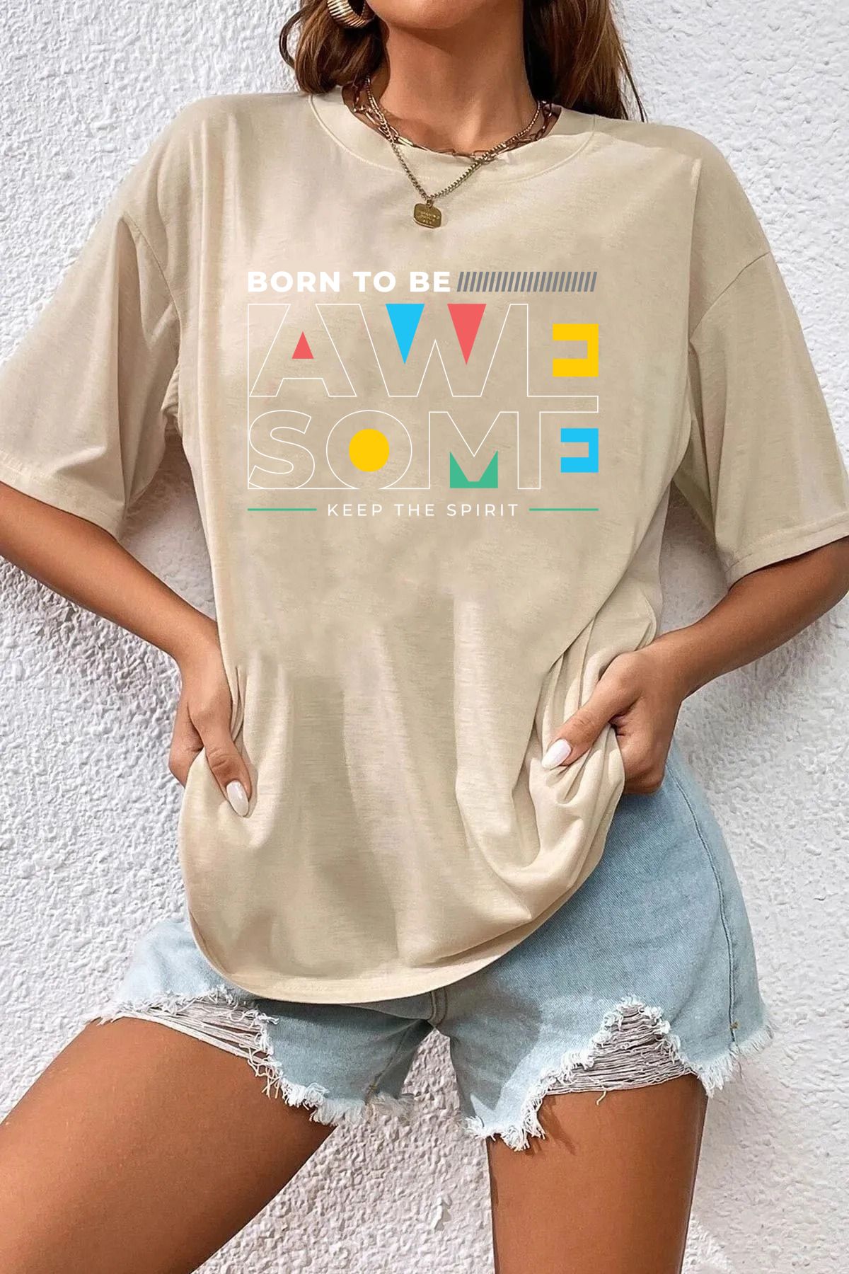 halowear Unisex Awe Some Baskılı Rahat Kesim Bej T-Shirt
