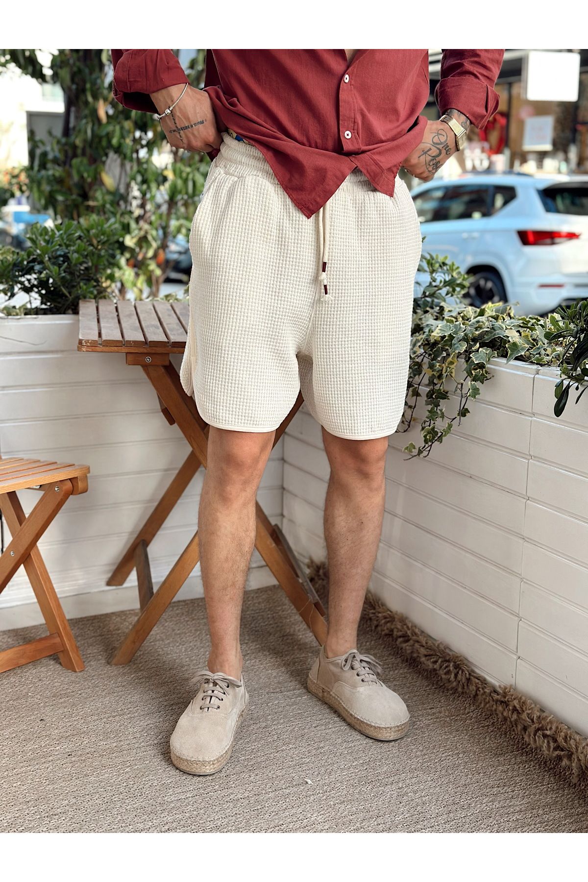 manch collection Waffle Kumaş Örme Şort Bordo