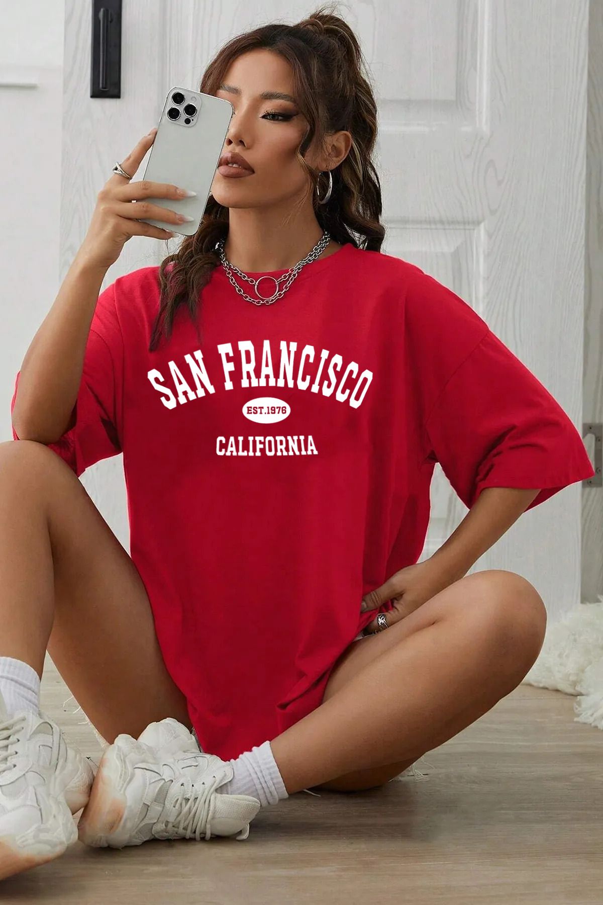 qavnas Unisex San Fransisco Baskılı Rahat Kesim Kırmızı T-Shirt