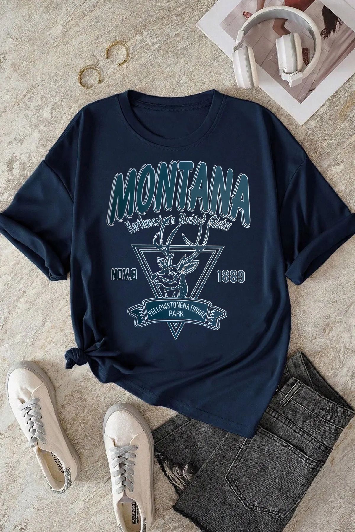 qavnas Unisex Montana Baskılı Rahat Kesim Lacivert T-Shirt
