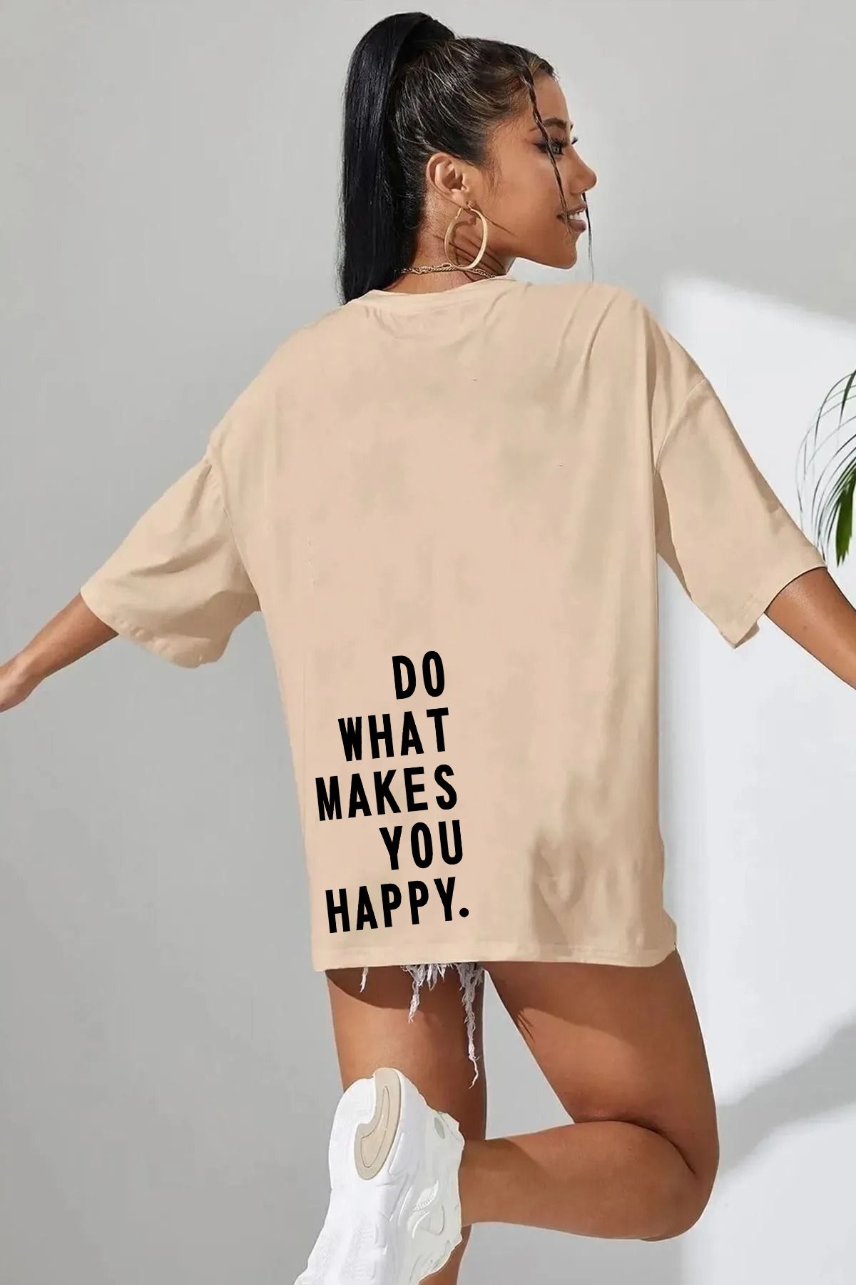 memowear Unisex Do What Makes You Happy Baskılı Rahat Kesim Bej T-Shirt