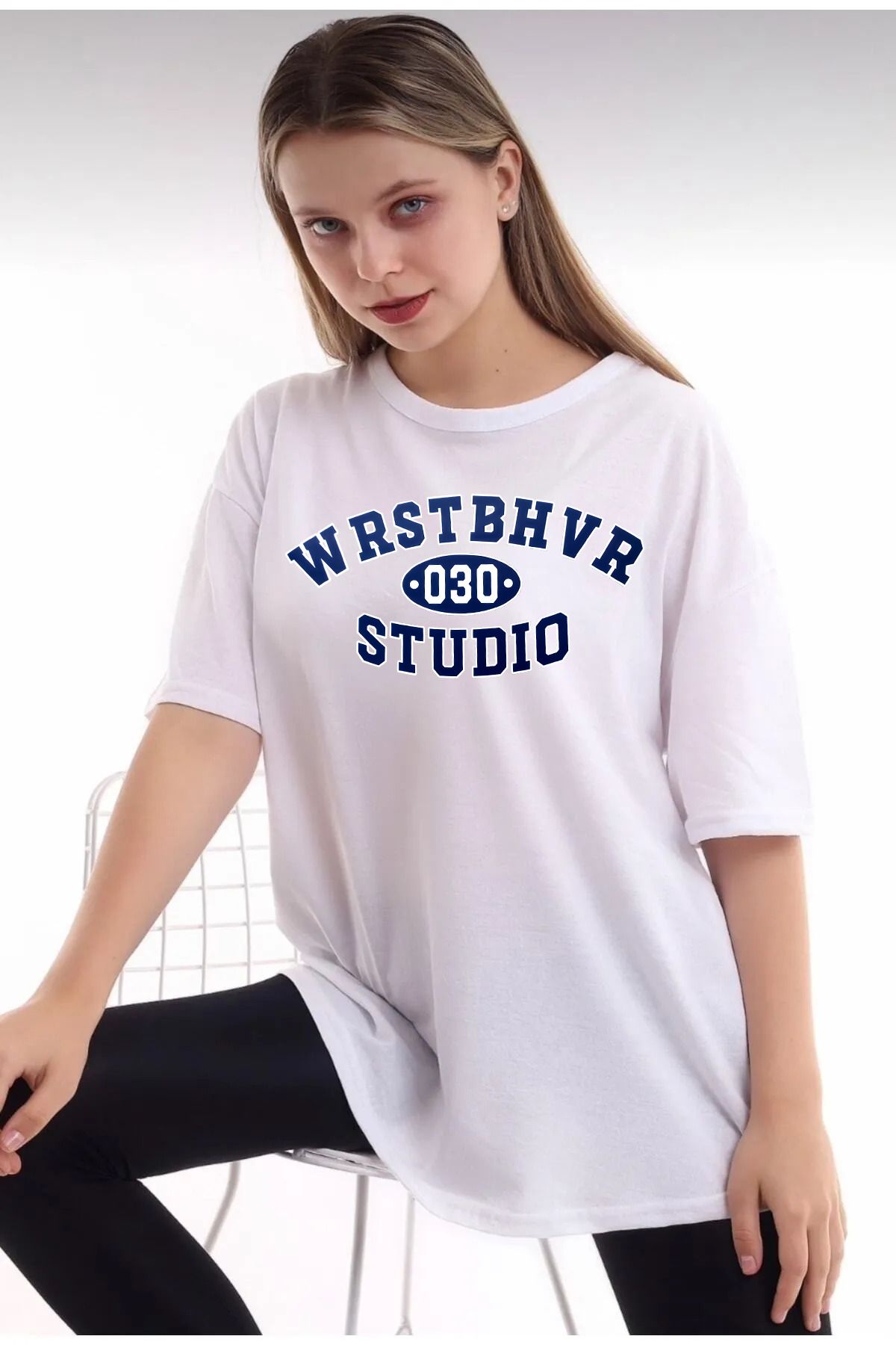 qavnas Unisex WRST 030 Baskılı Rahat Kesim Beyaz T-Shirt