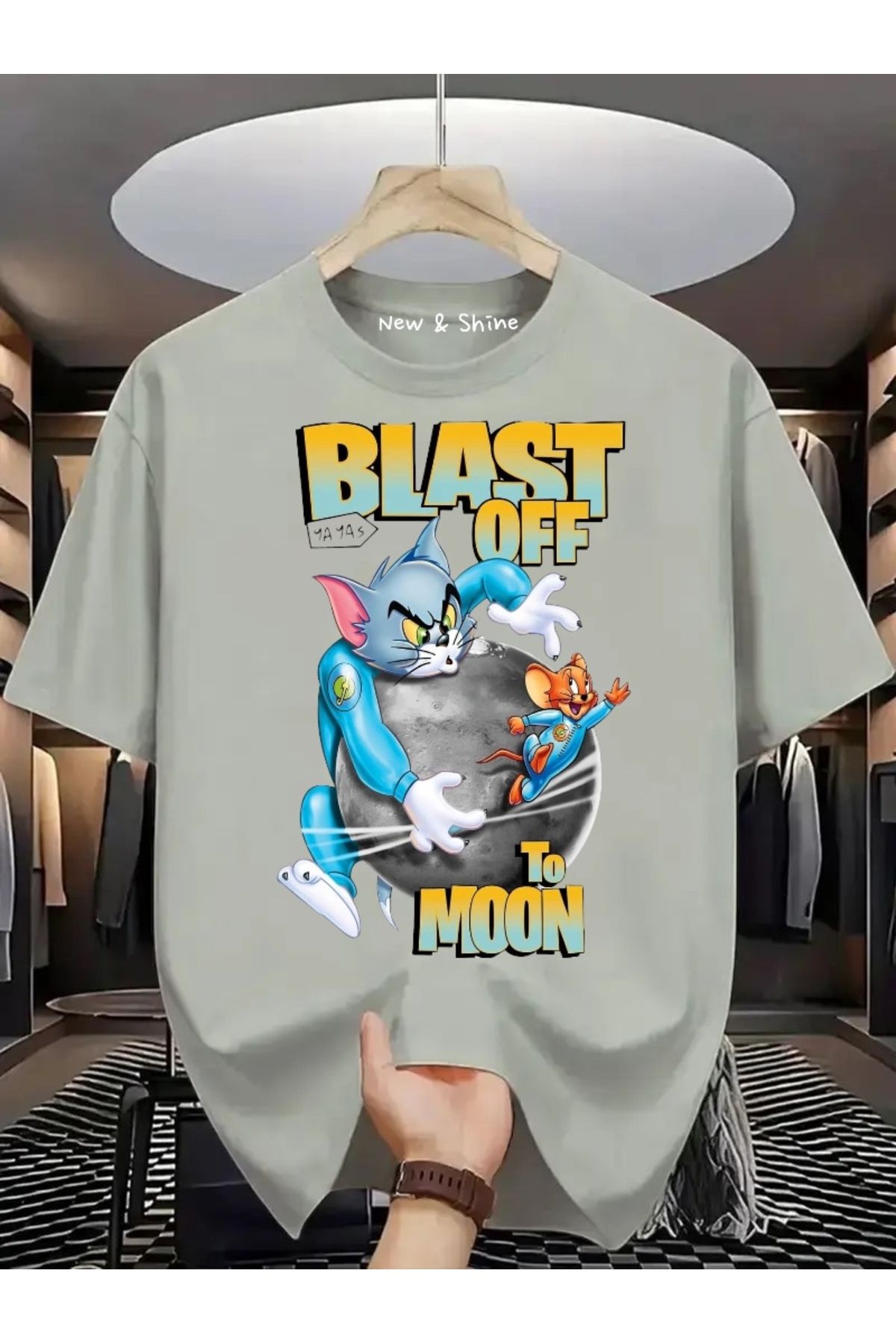 New Shine Blast Off To Moon Tom ve Jerry Baskılı Büyük Beden Oversize T-Shirt