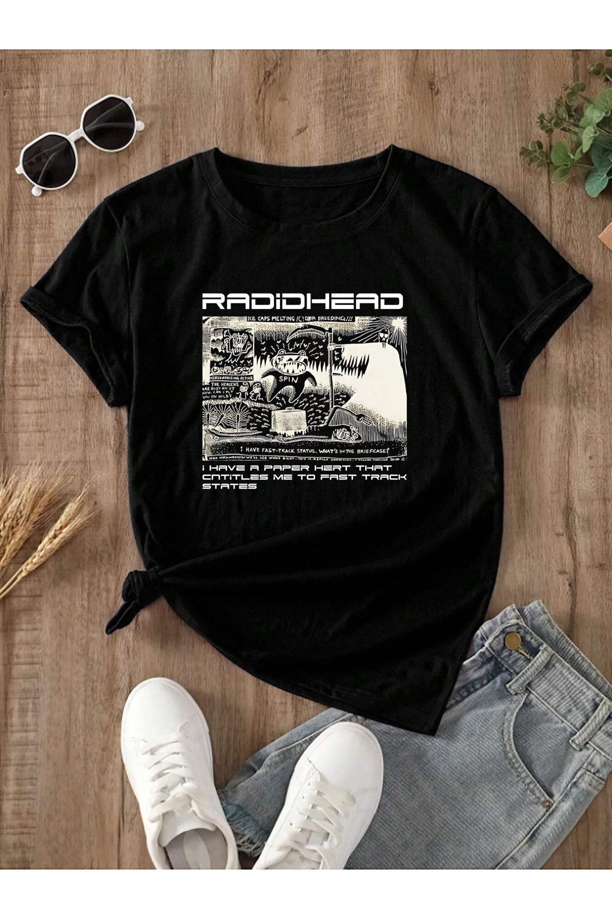 qavnas Unisex Radid Head Baskılı Rahat Kesim Siyah T-Shirt
