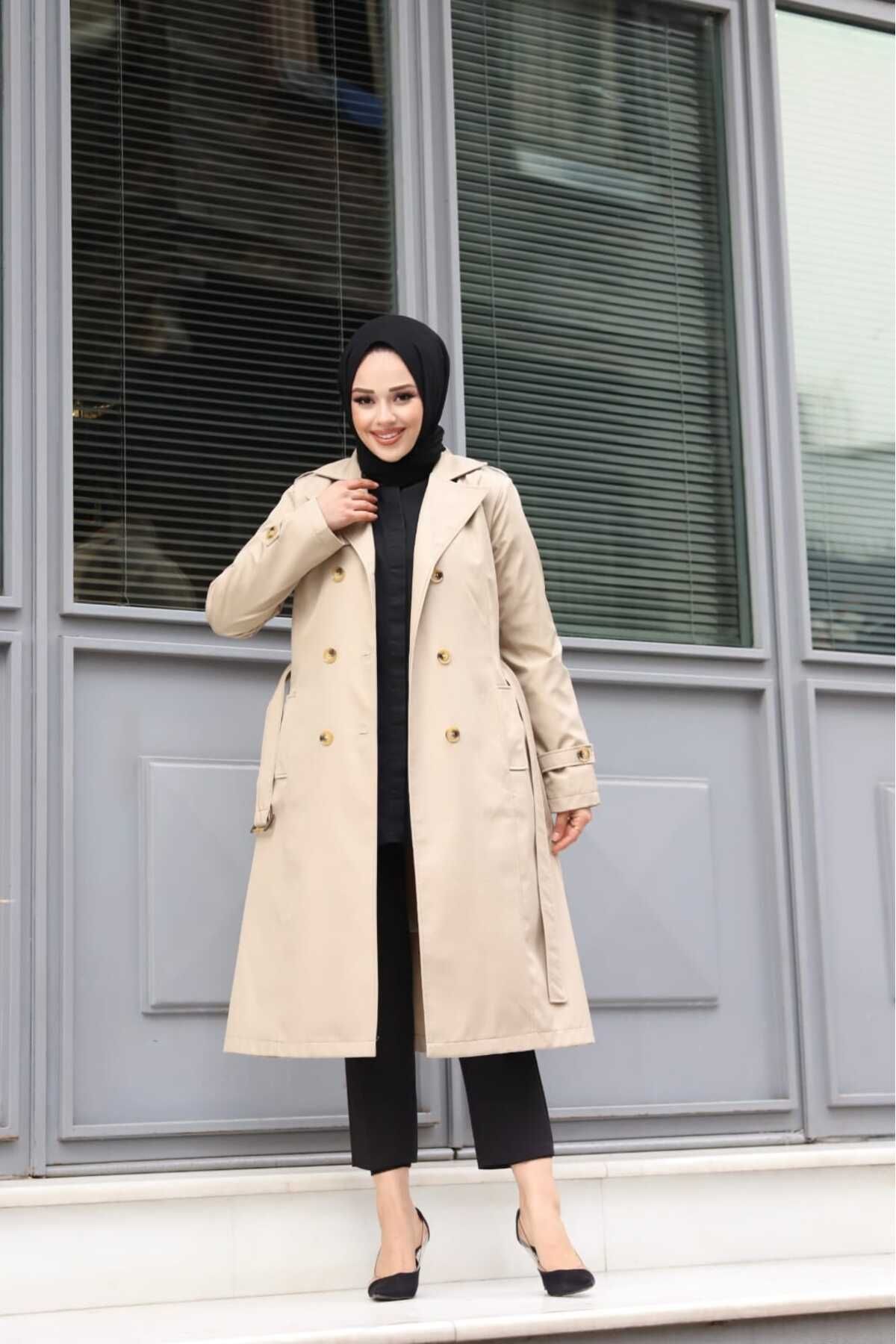 KMKkombin KADIN UZUN ASTARLI KRUVAZE YAKA GENÇ SPOR BÜYÜK BEDEN CEPLİ SU GEÇİRMEZ TRENÇKOT