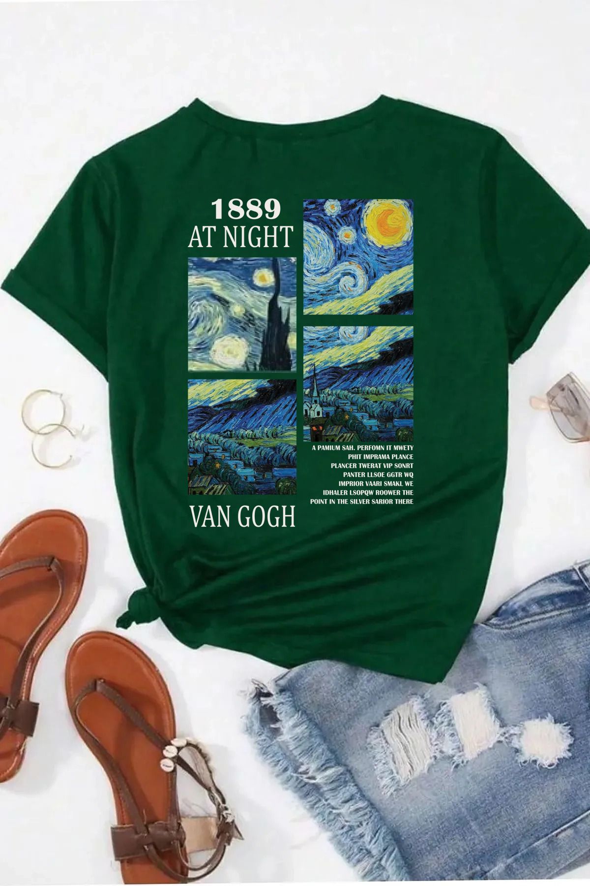 qavnas Unisex 1889 Vangogh Baskılı Rahat Kesim Yeşil T-Shirt