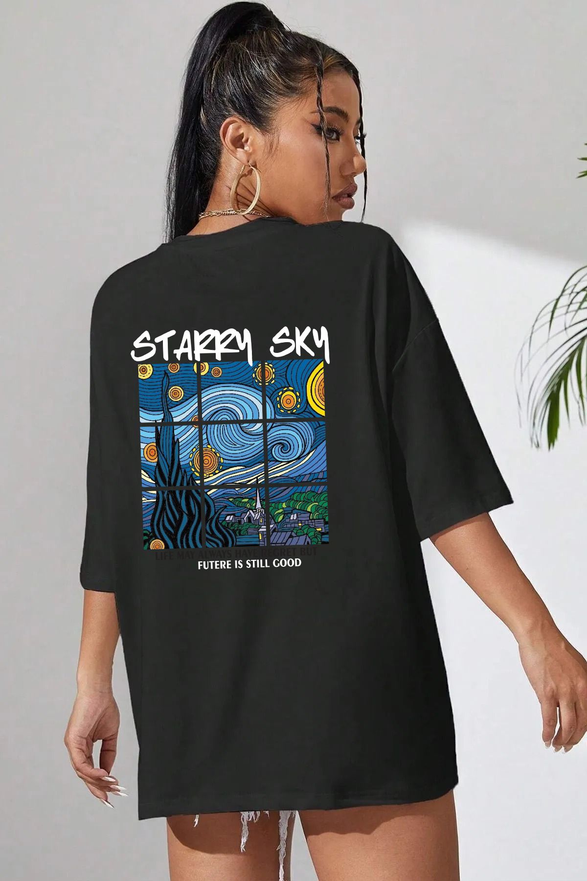 qavnas Unisex Starry SKY Baskılı Rahat Kesim Siyah T-Shirt