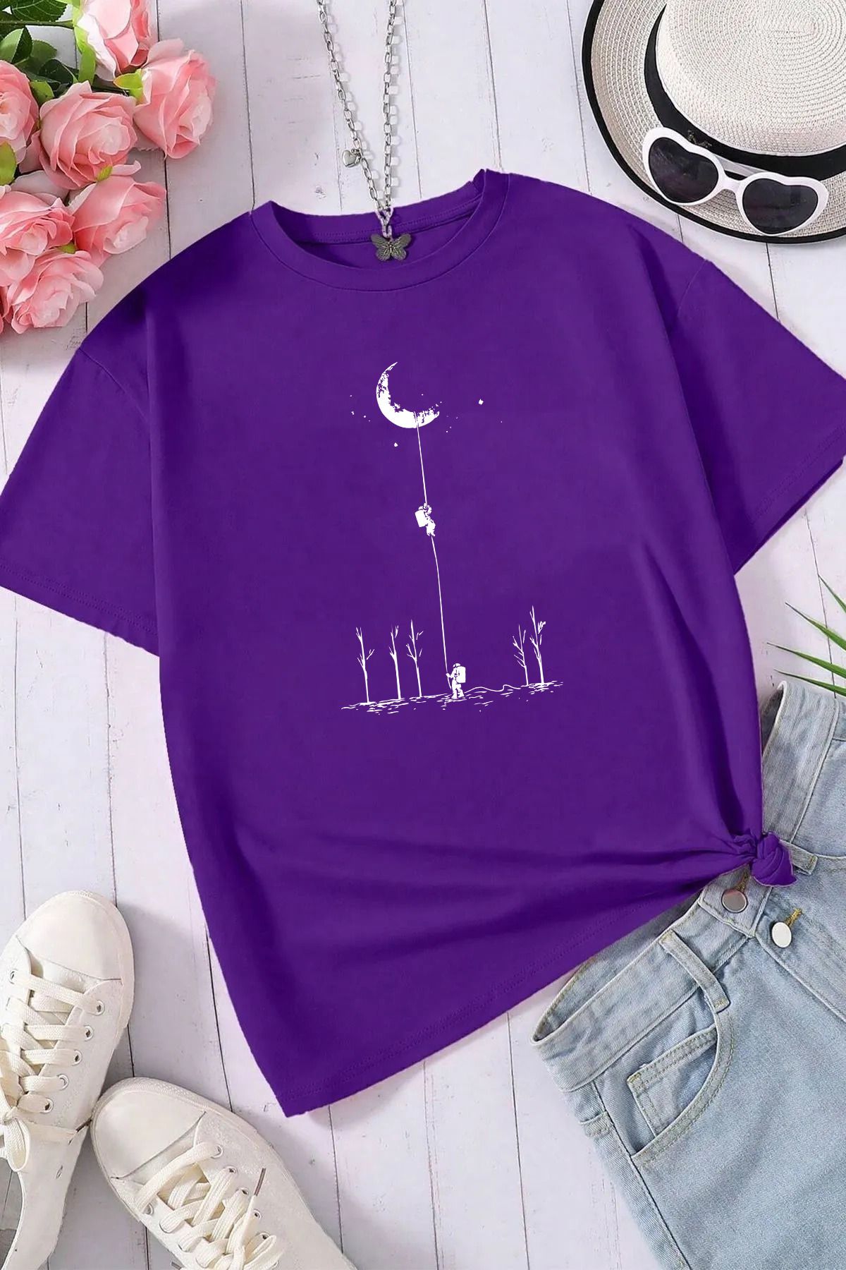 memowear Unisex Ay Satürn Baskılı Rahat Kesim Mor T-Shirt