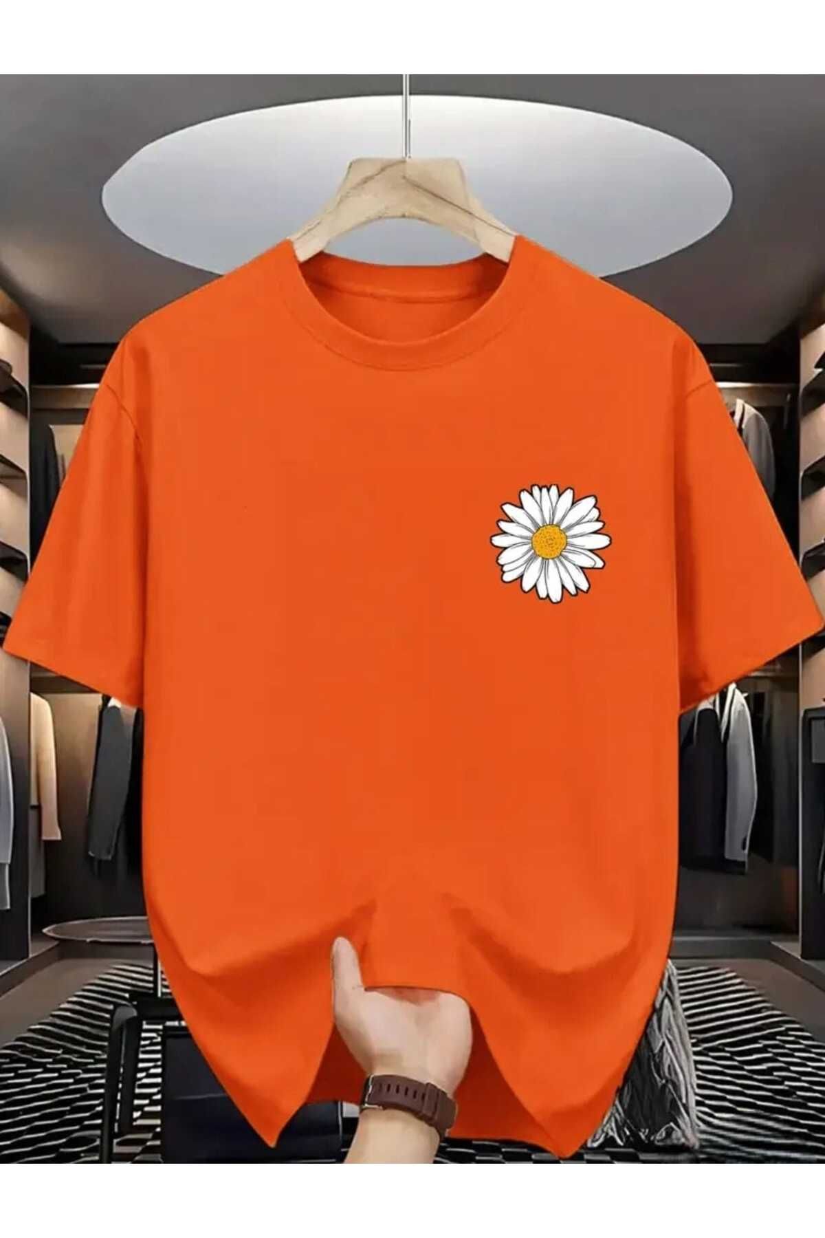 TekTarzz Unisex Papatya Baskılı Pamuklu Tshirt