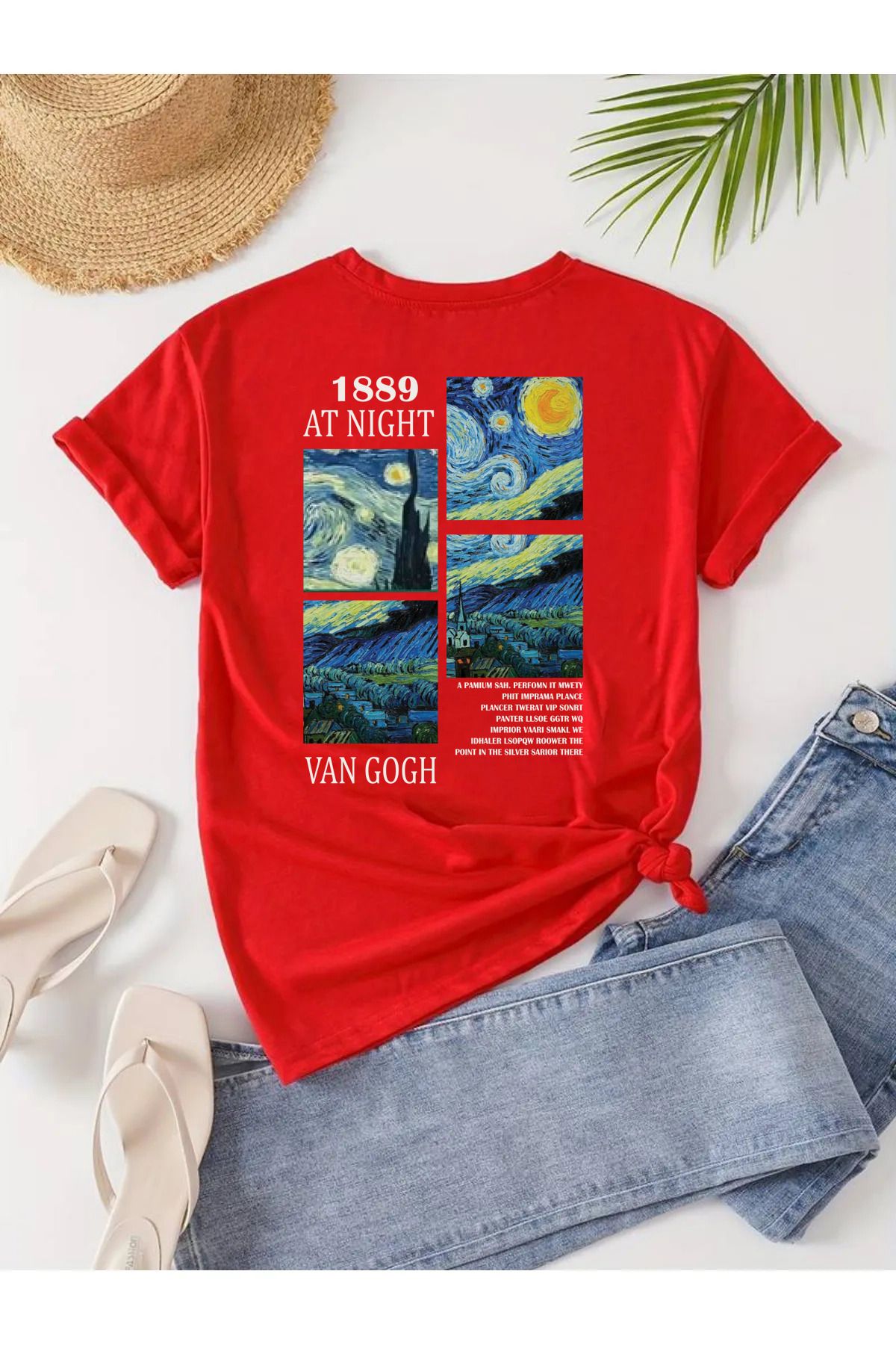 qavnas Unisex 1889 Vangogh Baskılı Rahat Kesim Kırmızı T-Shirt